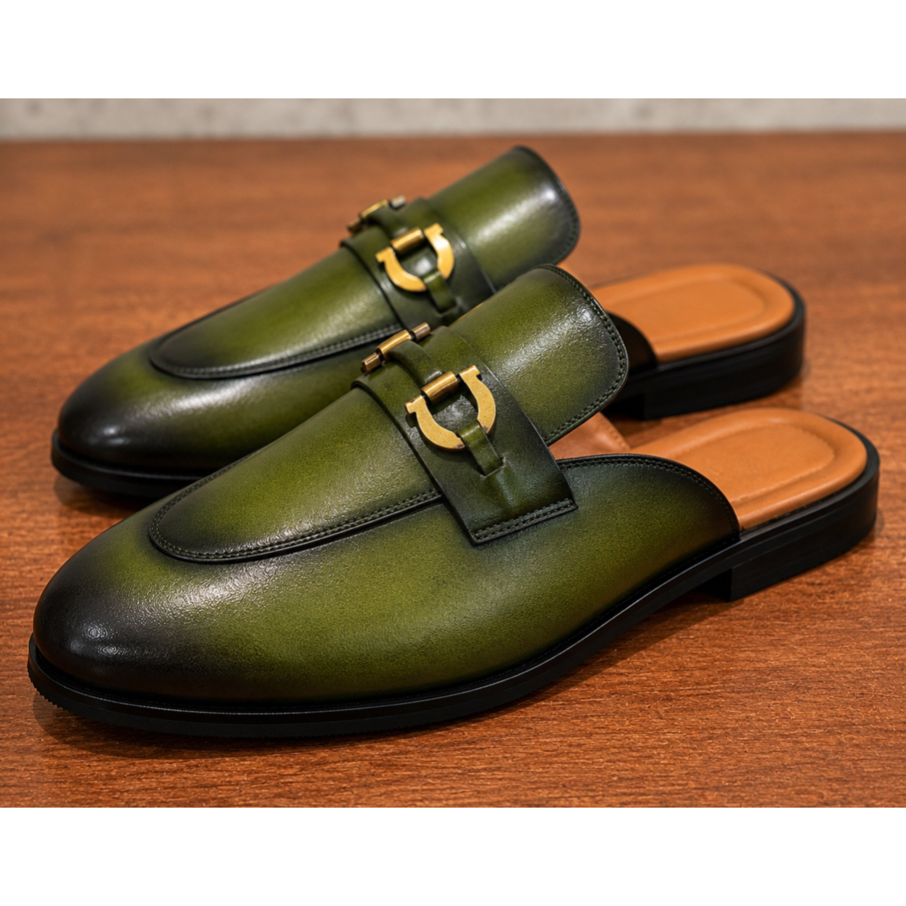 Verdant Monarch Horsebit Mule Loafers – Green Two-Tone Leather
