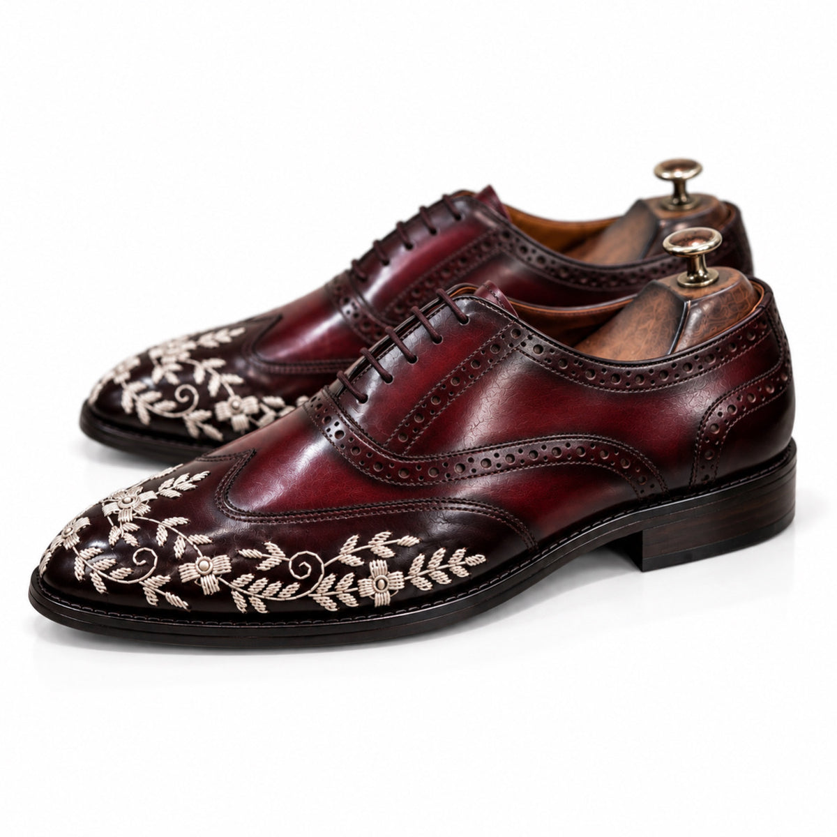 Velour Noir — Burgundy Embroidered Wingtip Oxford