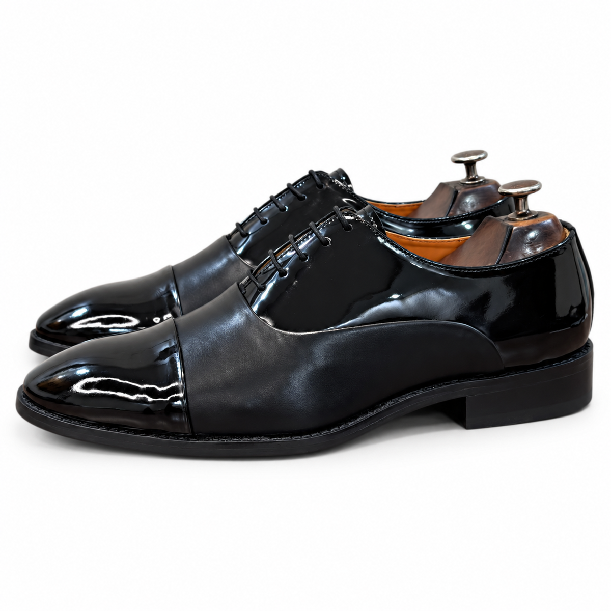 Noir Dual-Finish Patent Cap-Toe Oxfords