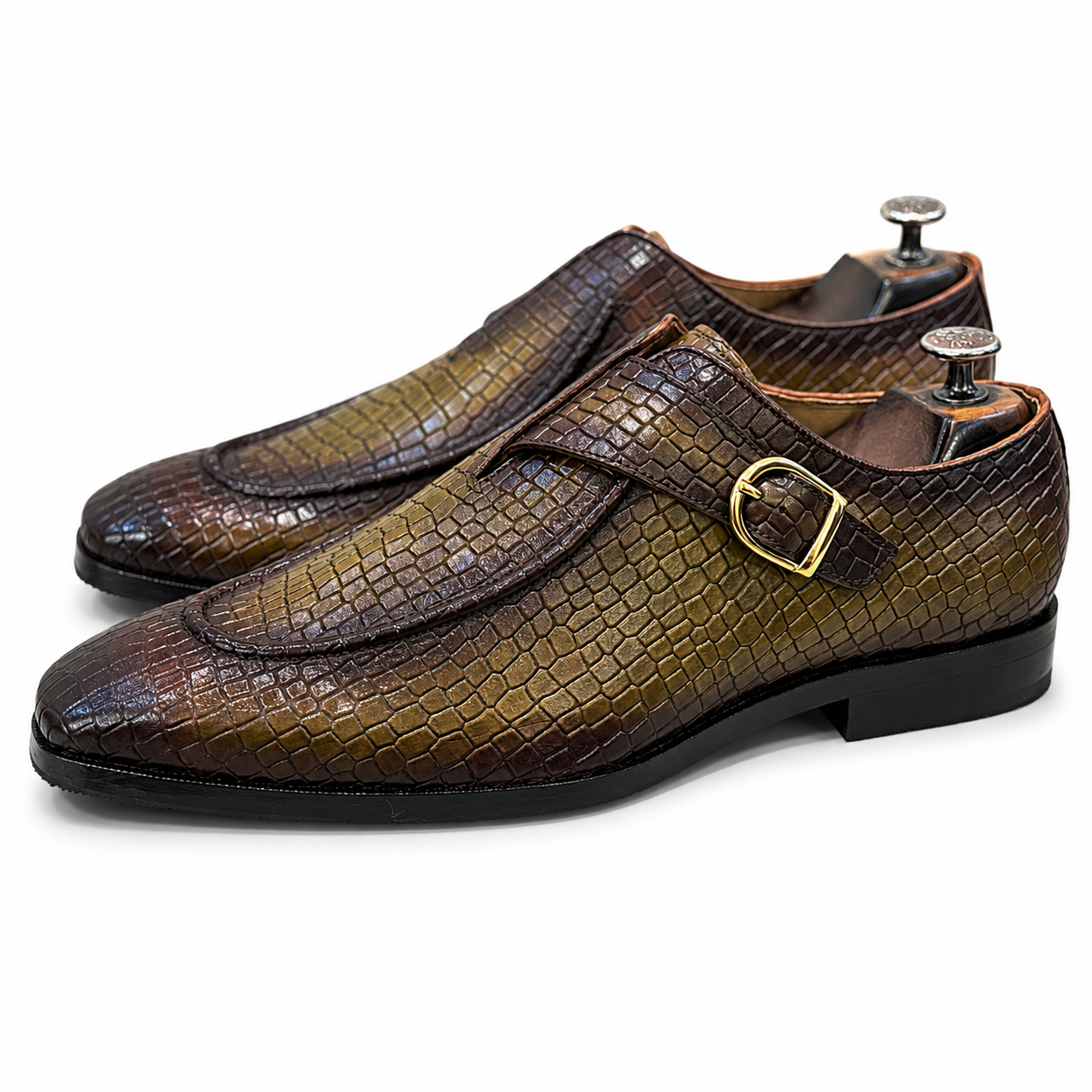 The Croco Monarch Monk – Olive Brown Croc Texture Monk Strap Shoes