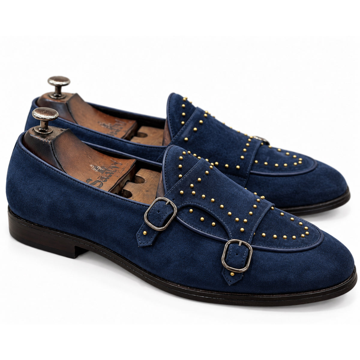 Navy Blue Double Monk Strap Shoes for Men | Studded Formal Shoes