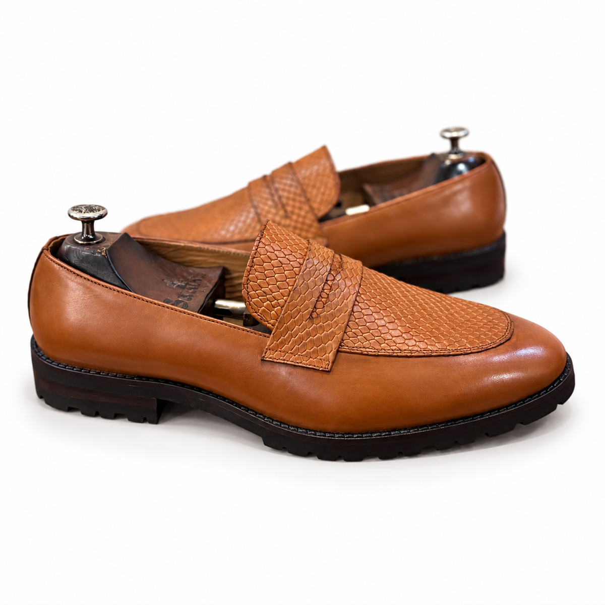 Cognac Royale Textured Penny Loafers