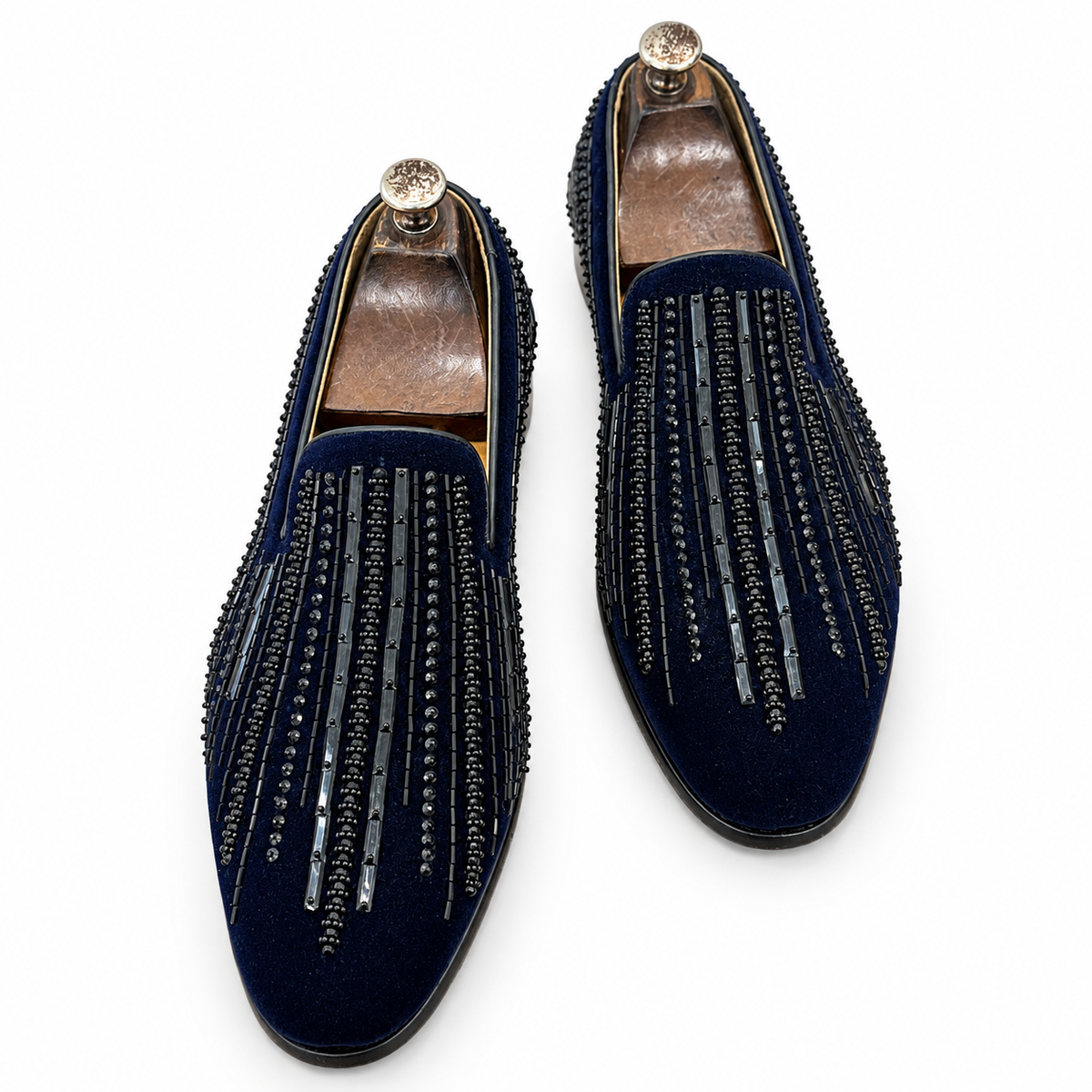 Barone Coal Navy Embroidered Velvet Loafers