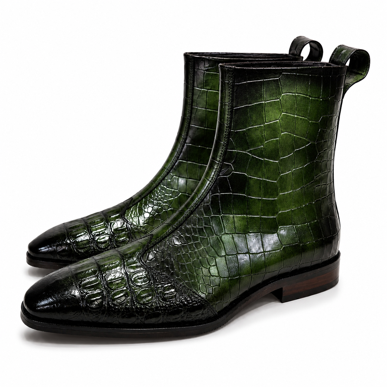 Forest Green Croc-Embossed Leather Chelsea Boots