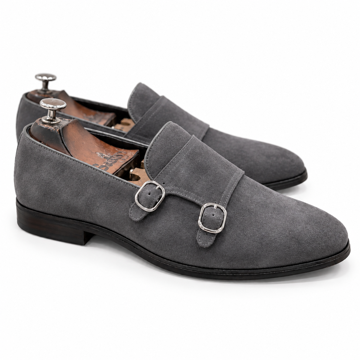 Slate Grey Double Monk Suede Shoes