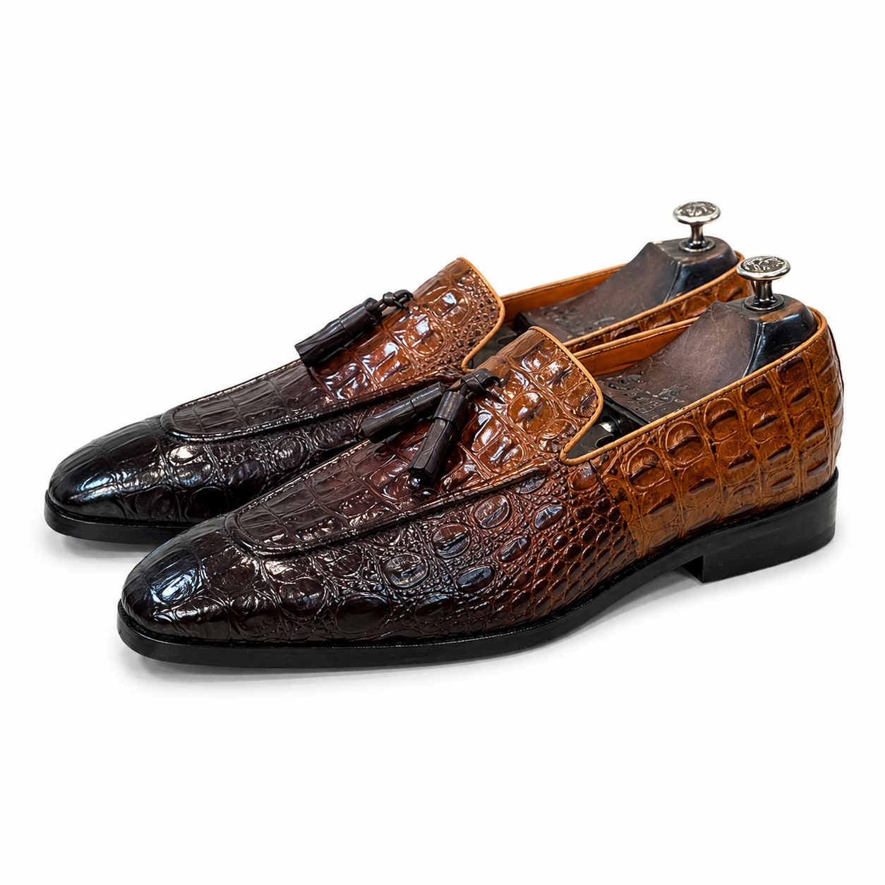 Cognac & Espresso Crocodile Embossed Leather Tassel Loafers