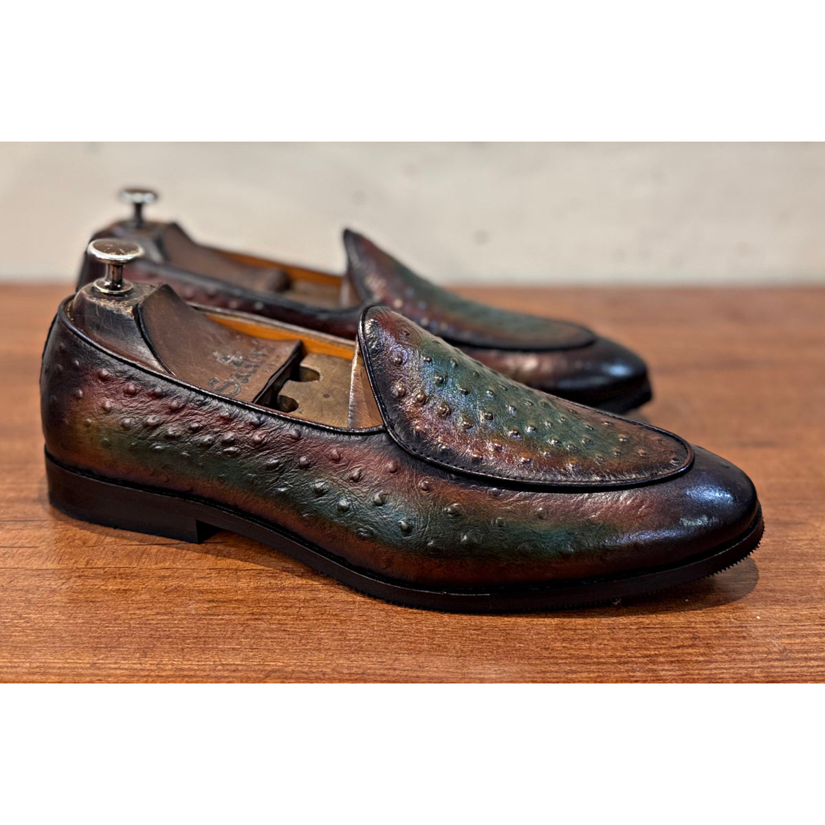 Belgian Loafers Ostrich Hand Patina