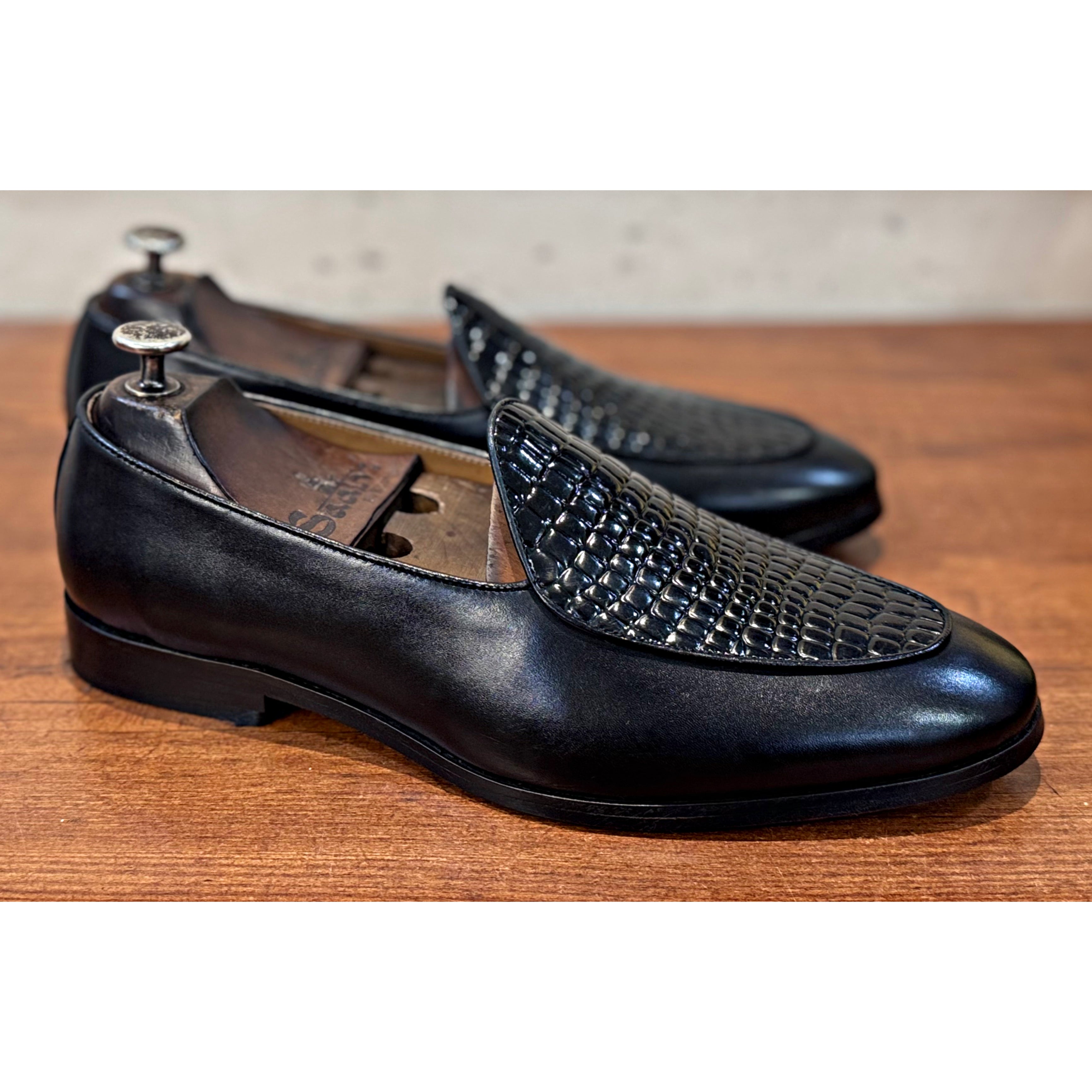 Midnight Croc Belgian Loafers – Luxury Black Embossed Slip-Ons