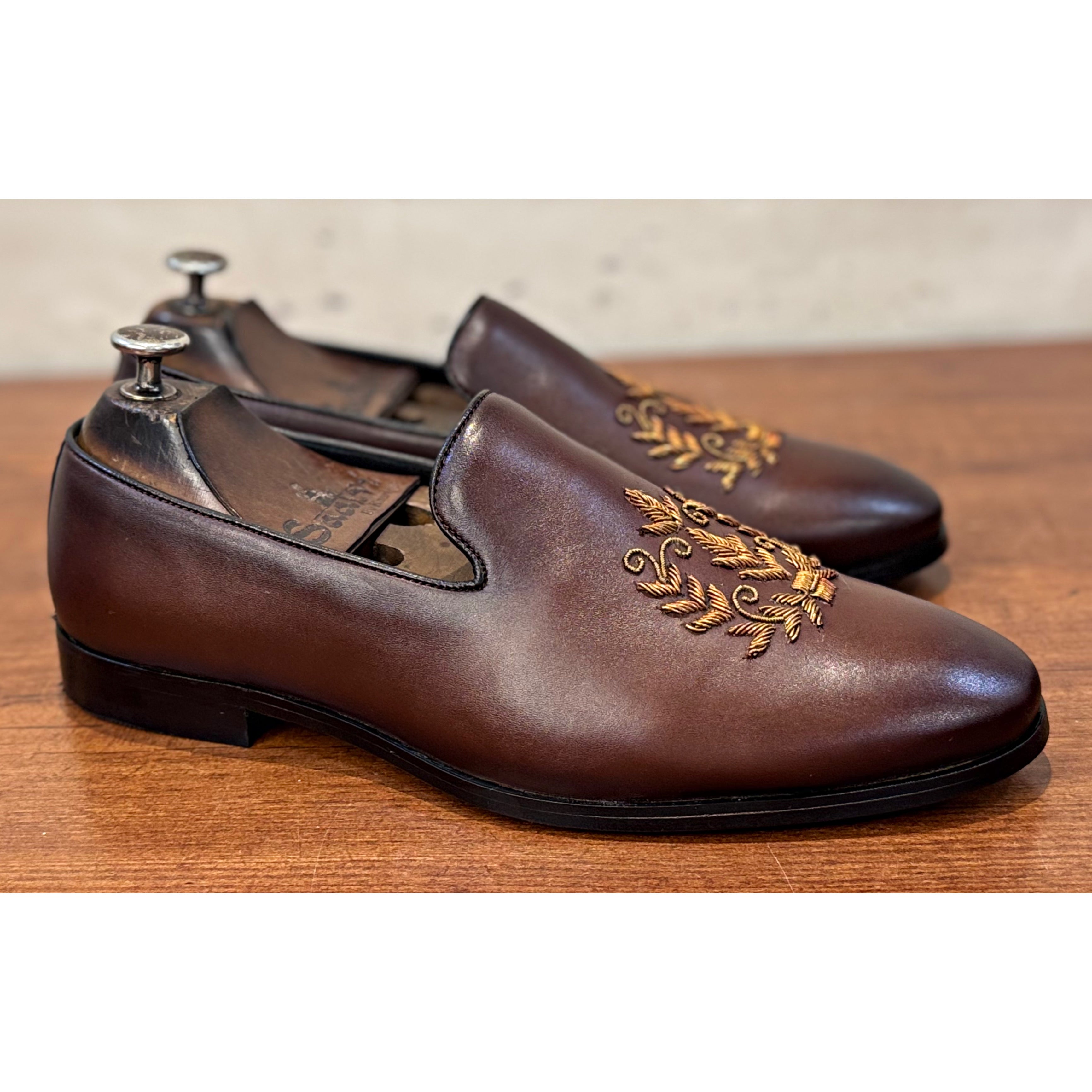 Brown Leaf Zardosi Slipon