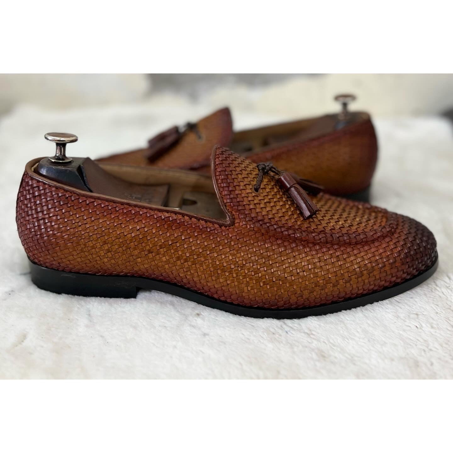 Tan Hand Woven Loafers With Tassels