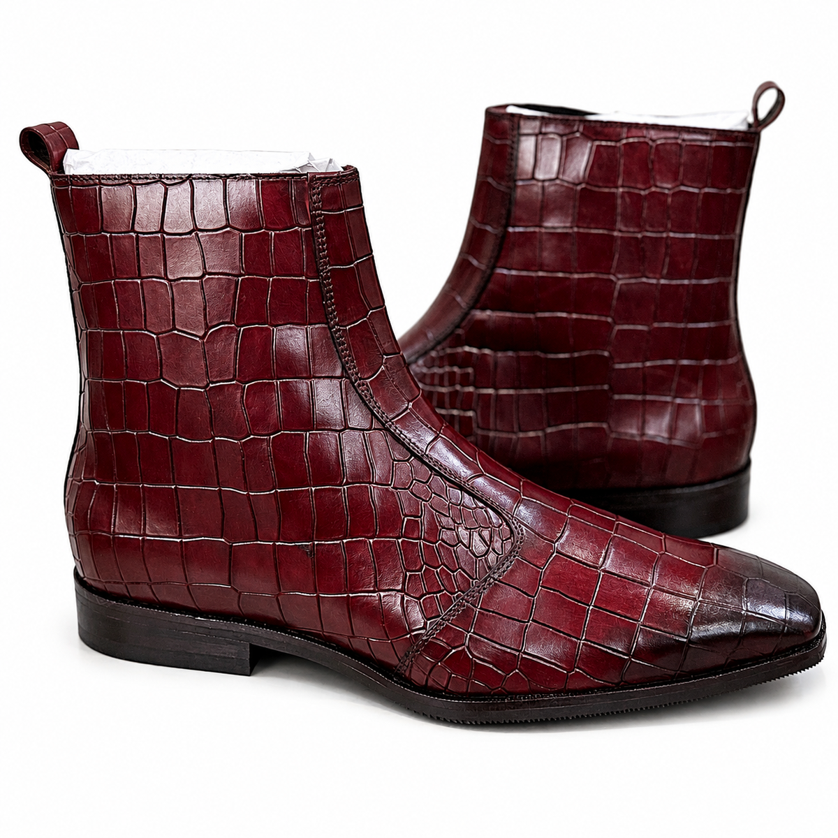 Bordeaux Croco Hand-Patina Leather Ankle Boots