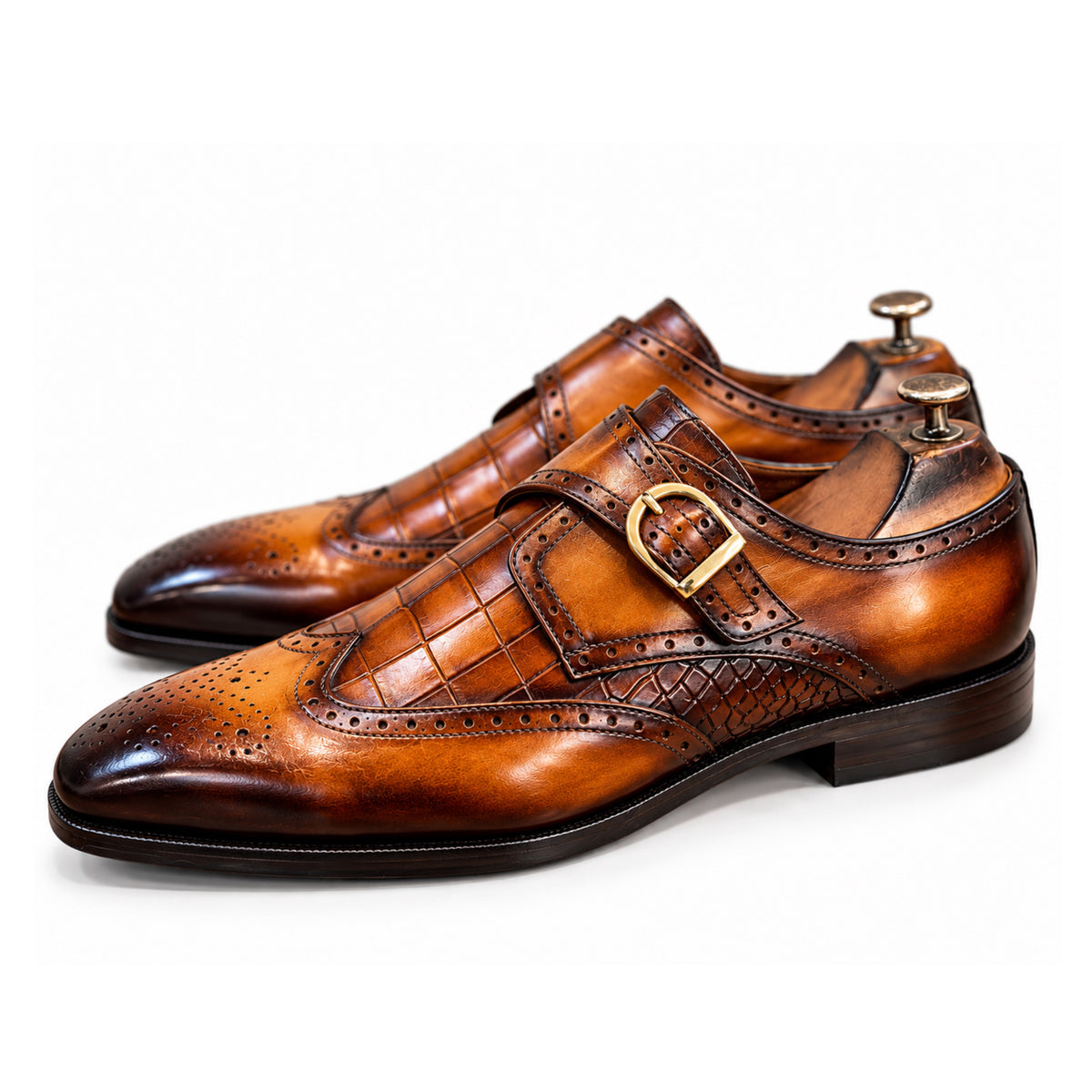 Aurelio Cognac Hand-Patina Single Monk Brogue Shoes