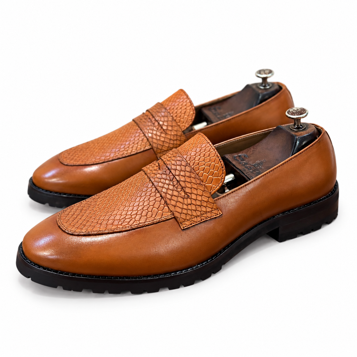 Cognac Royale Textured Penny Loafers
