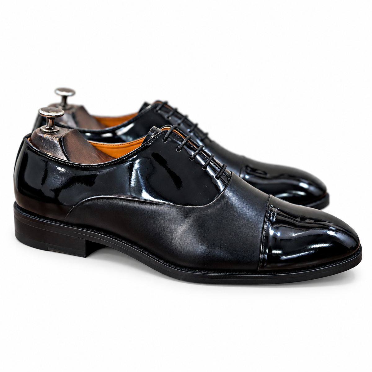 Noir Dual-Finish Patent Cap-Toe Oxfords