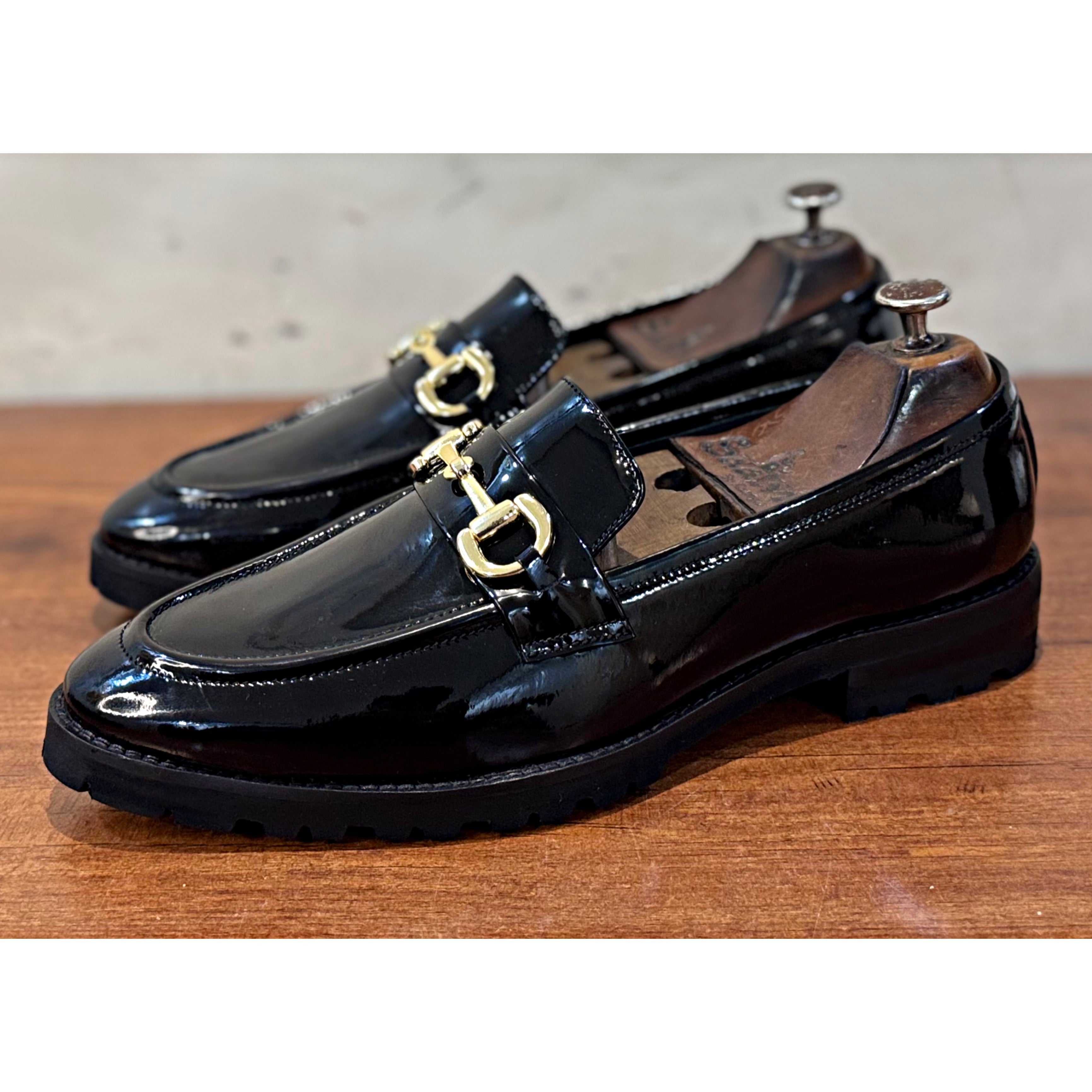 Black Patent Horsebit Loafers Chunky