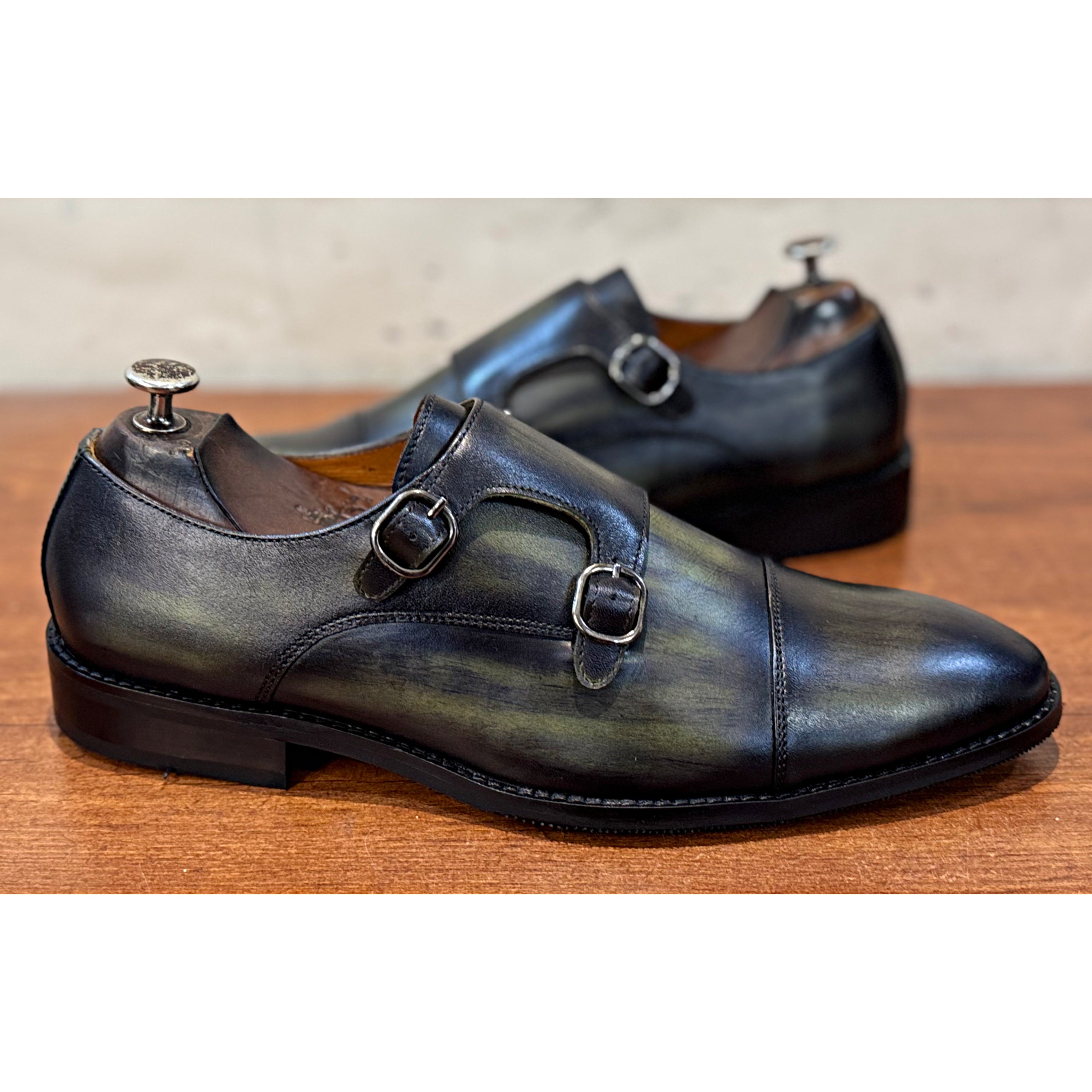 Green Leather Toe Cap Double Monk Straps