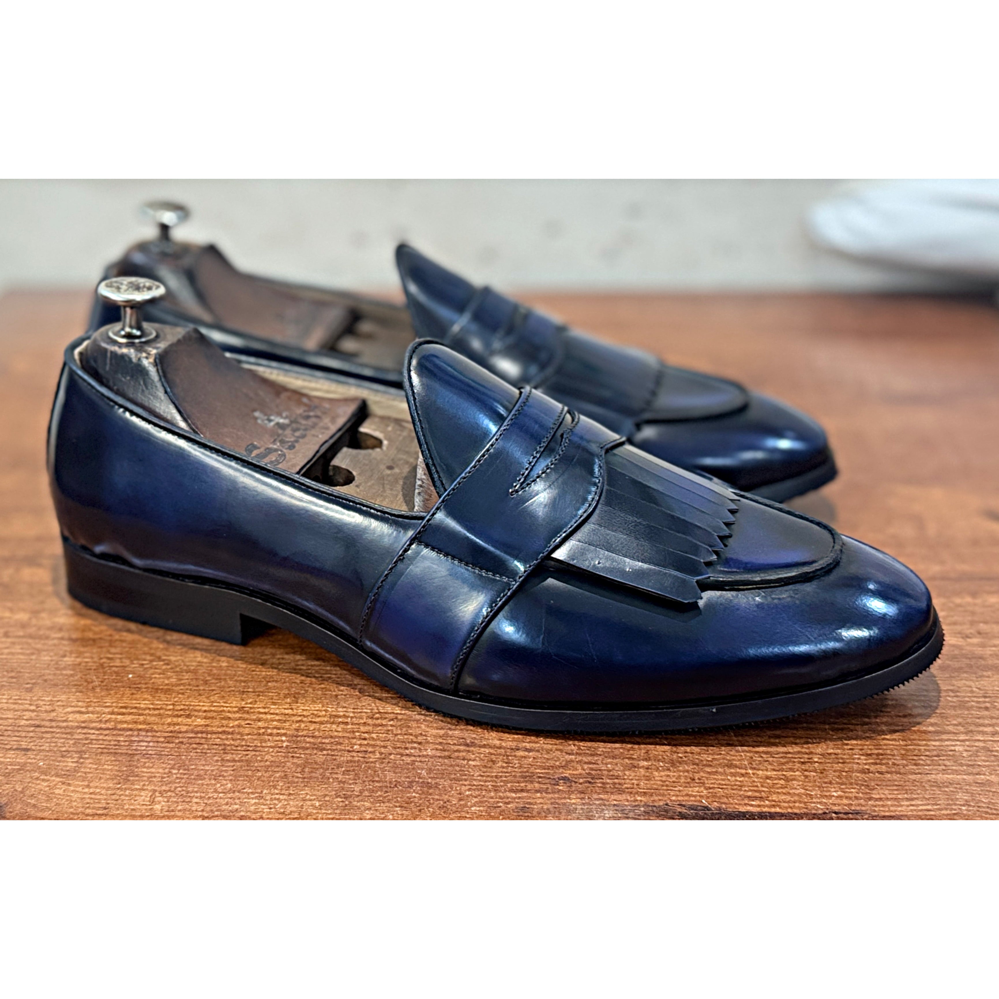 Blue Belgian Loafers for Men – Leather Fringe Slip-On Formal Shoes
