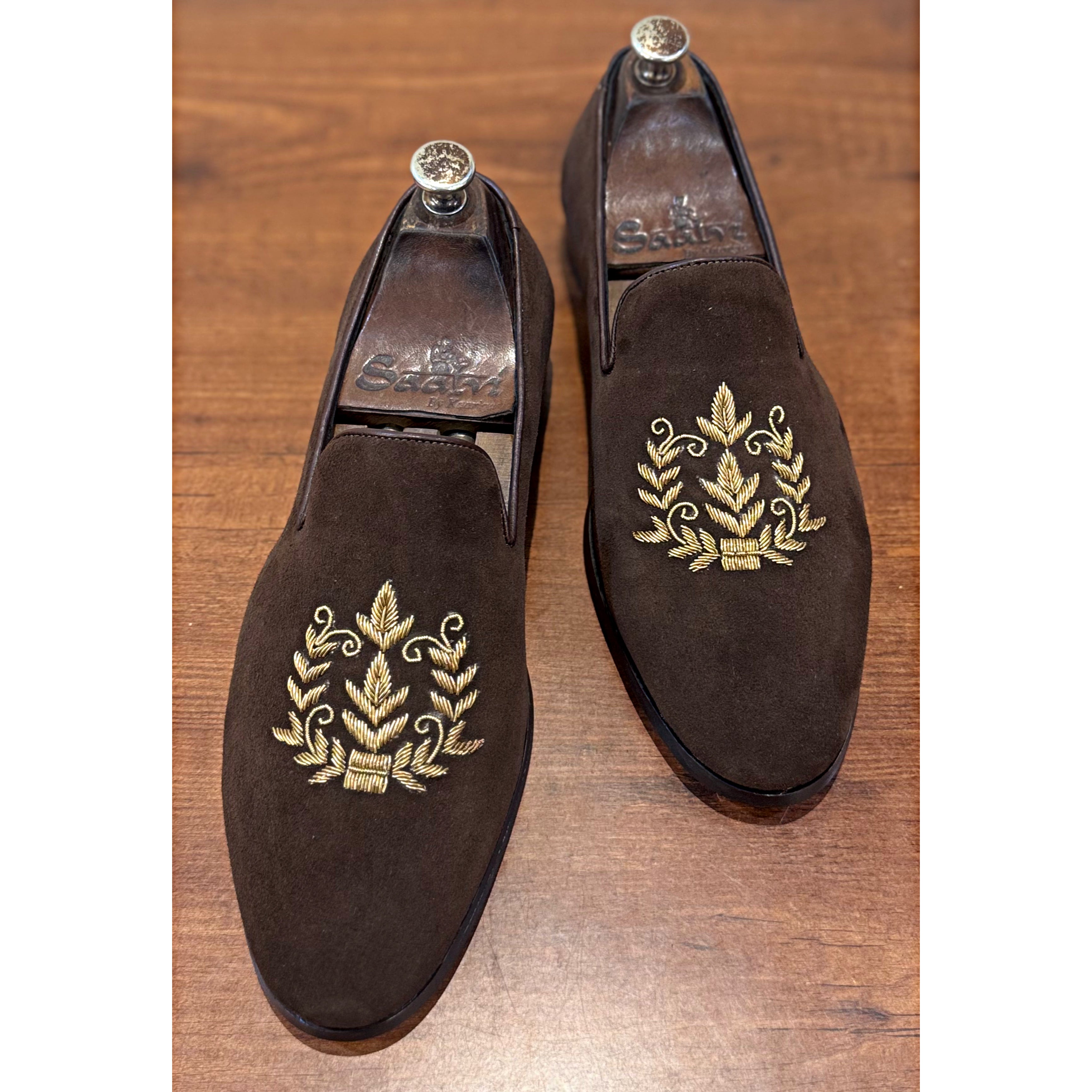 Brown Suede Leaf Embroidery Slipons