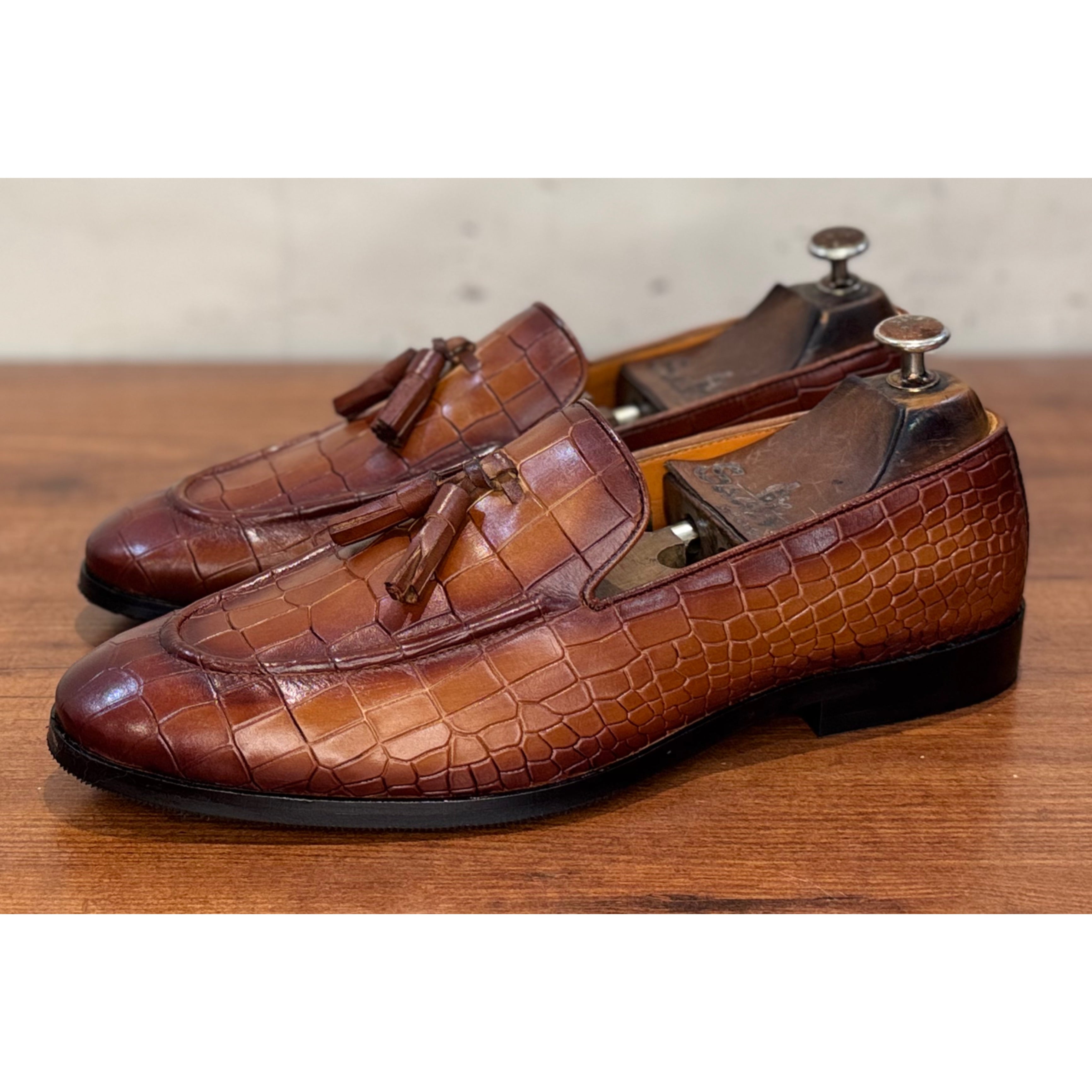 Tan Croco Loafers With Tassels
