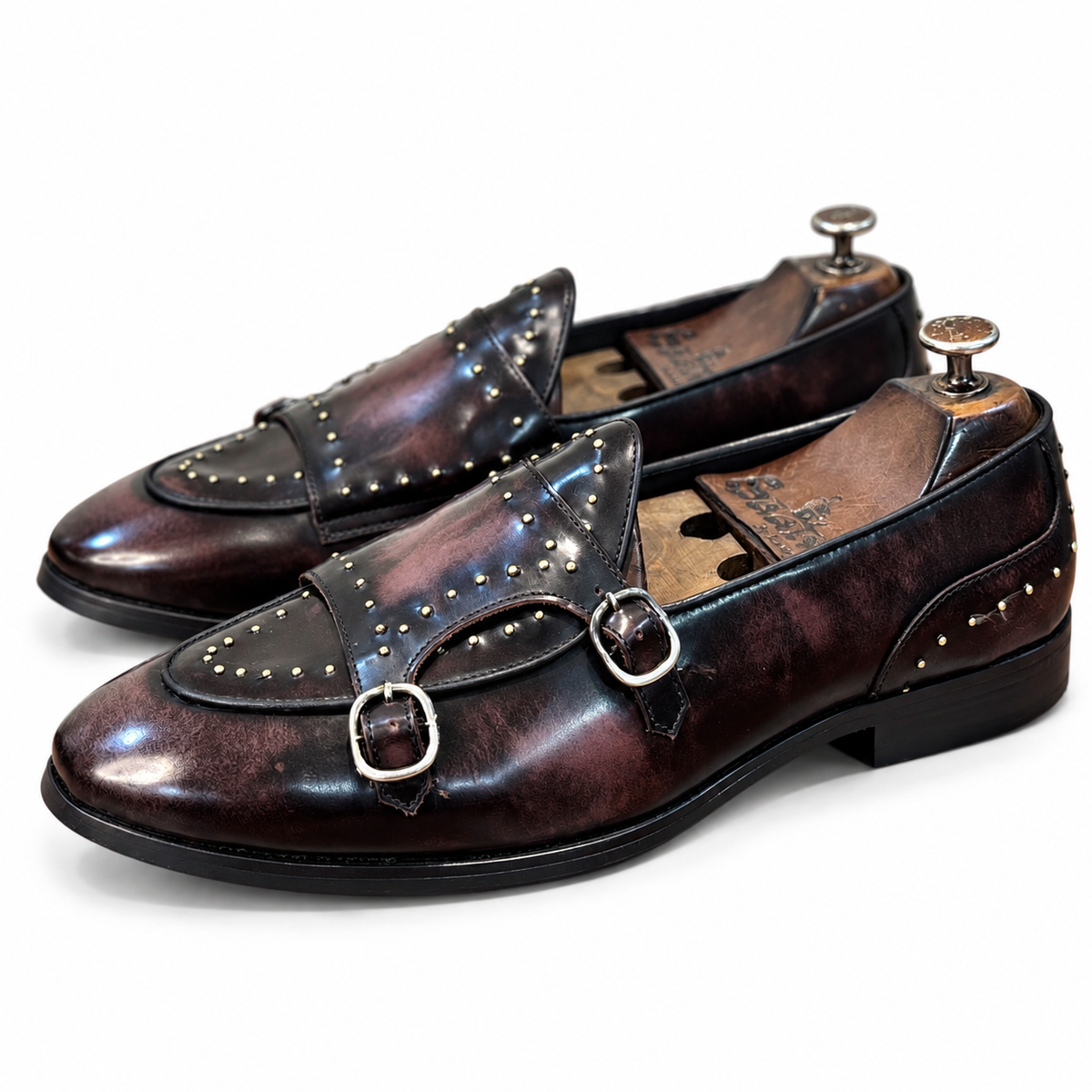 Noir Burgundy Double Monk Studded Shoes