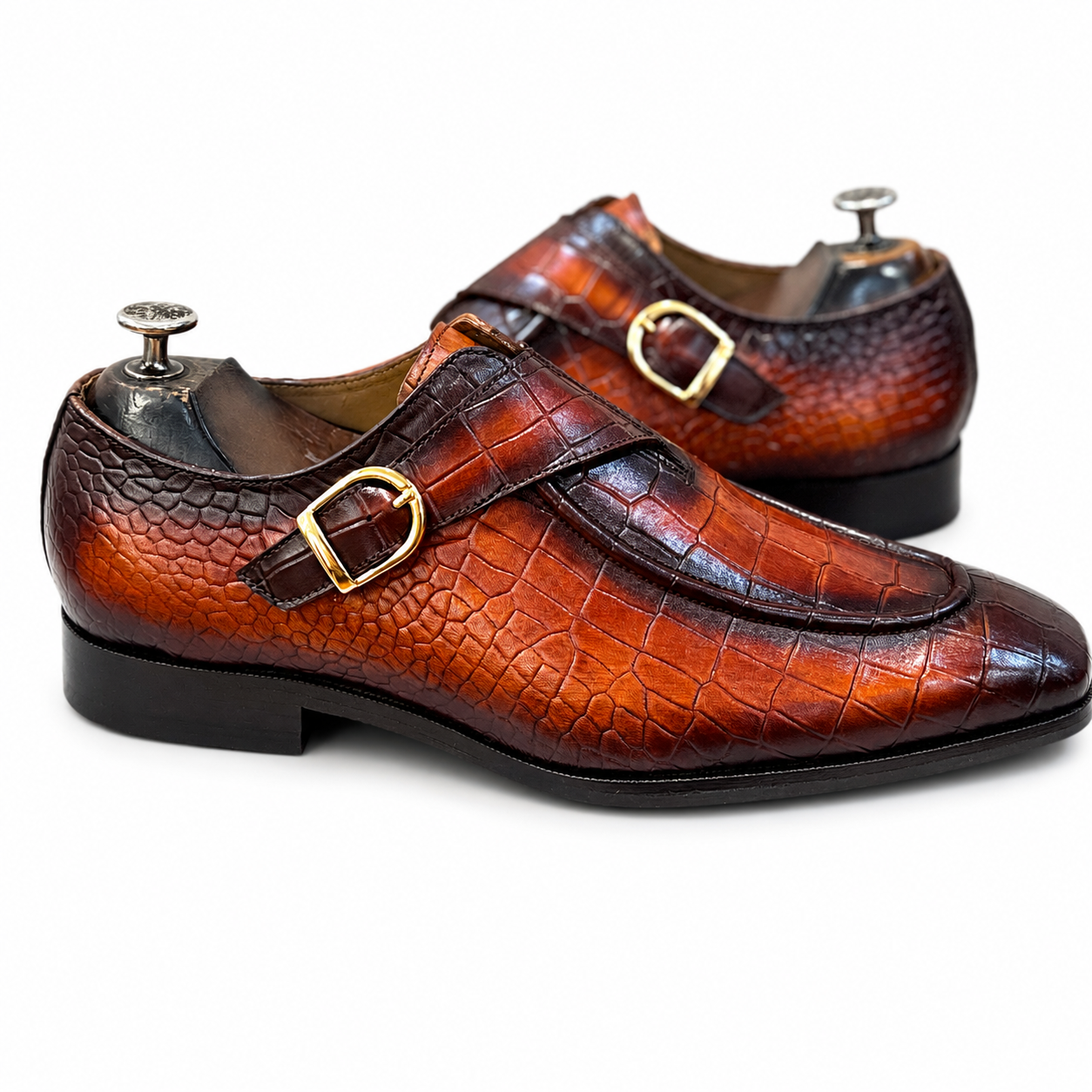 British Croc Patina Single Monk Shoes – Cognac