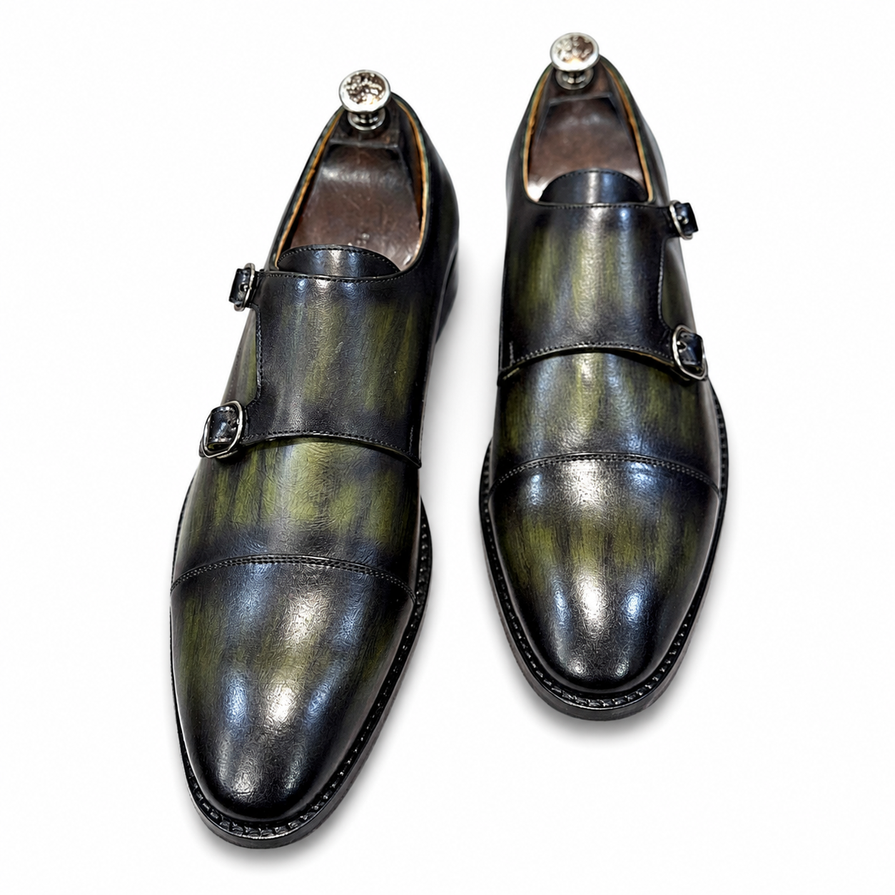 Green Leather Toe Cap Double Monk Straps
