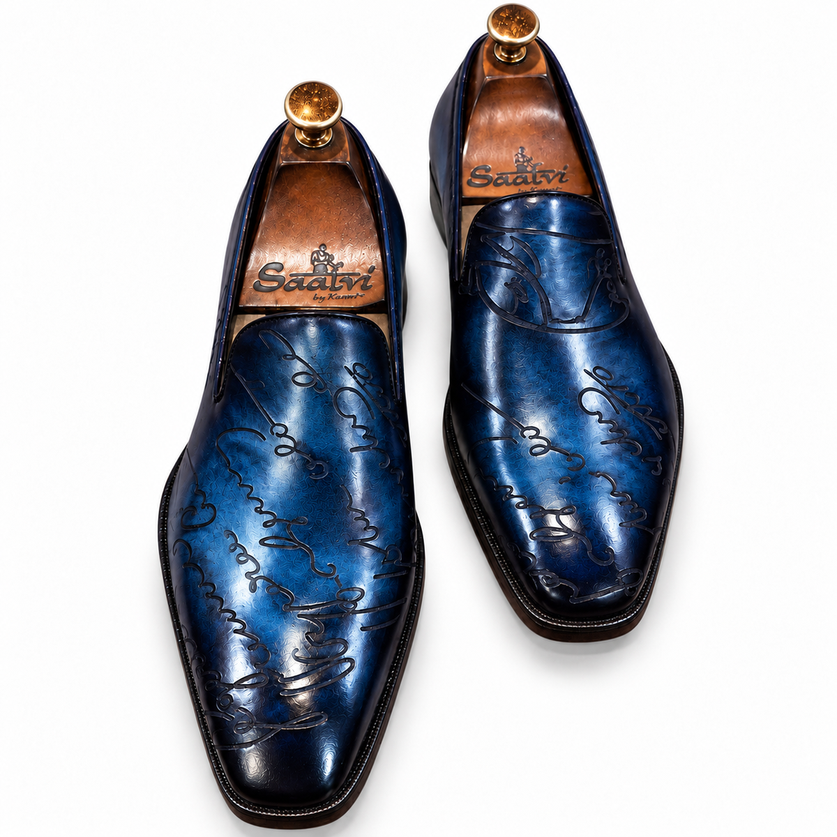 Saalvi Artisan Script Midnight Blue Leather Loafers