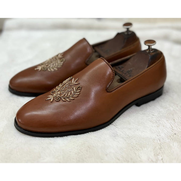 Tan Crest Embroidery Slipons