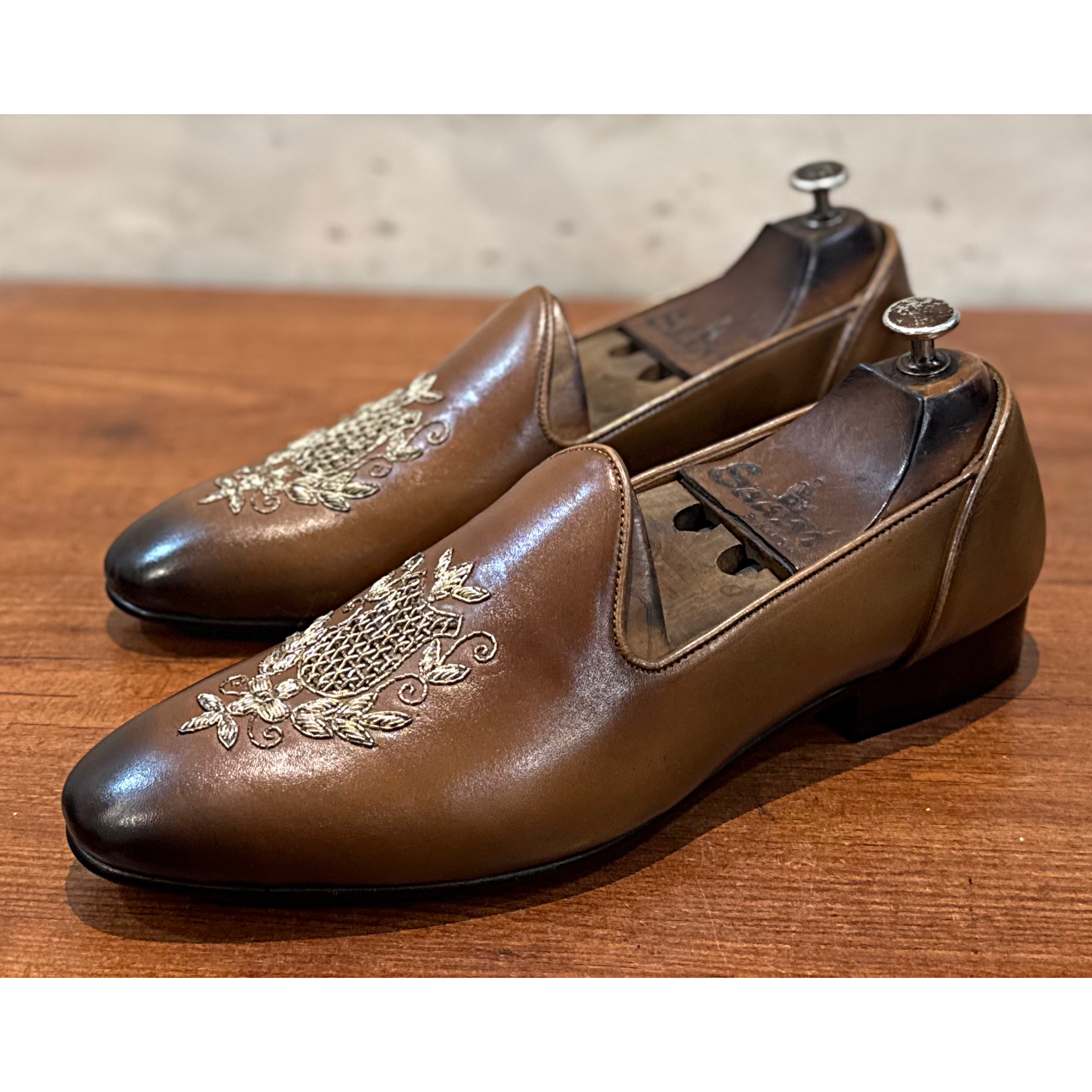 Tan Embroidery Slipons