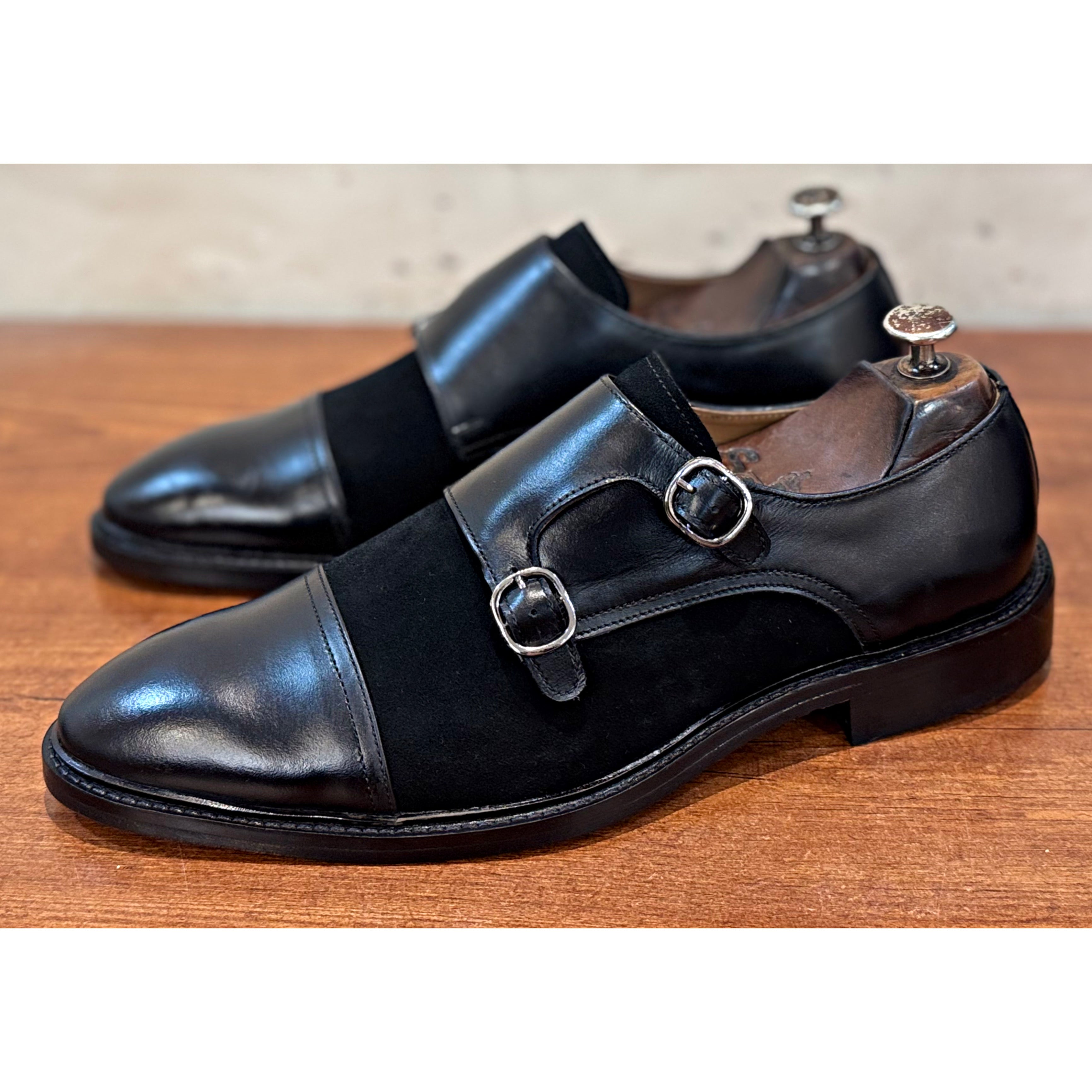 Double Monk Strap Black Suede & Leather