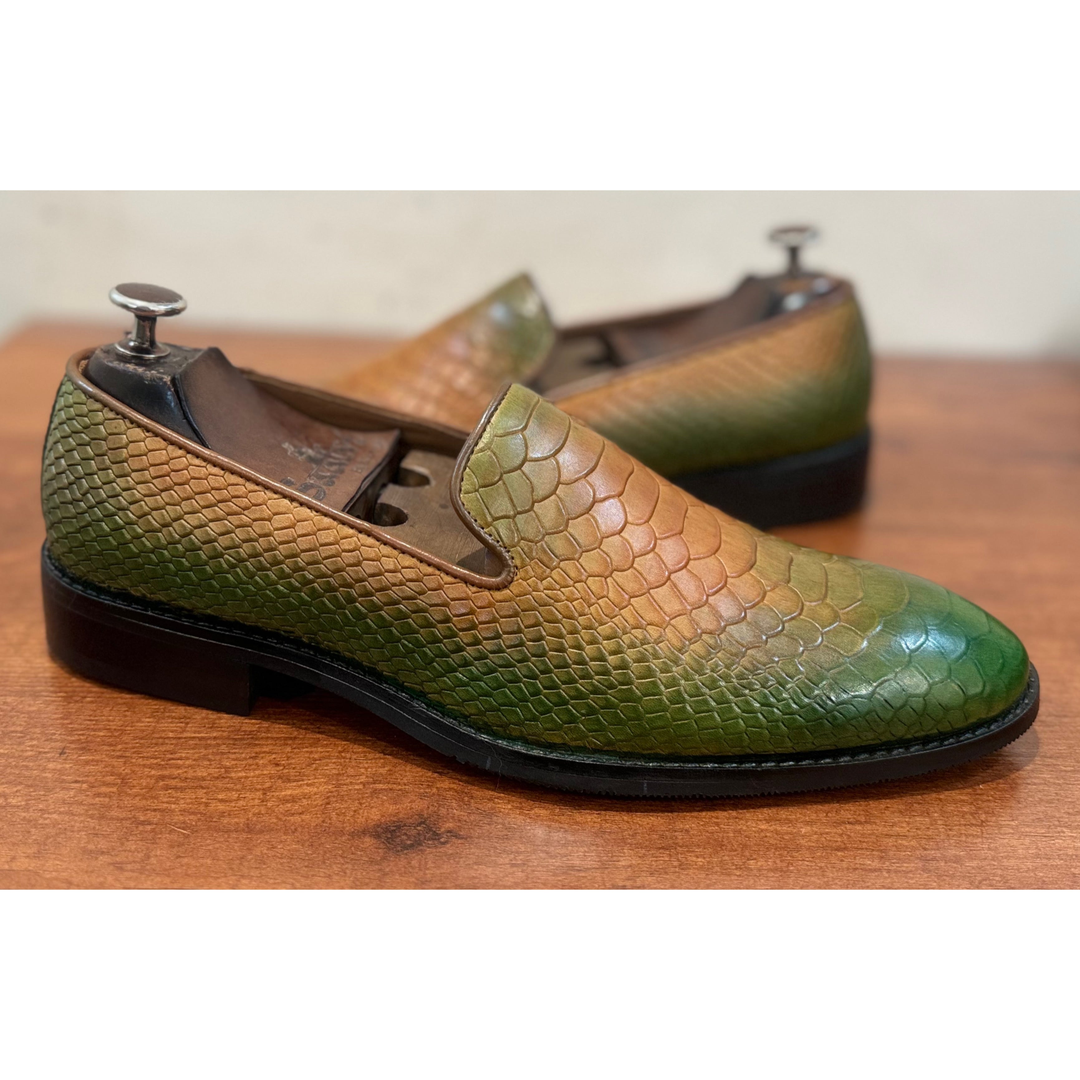 Python Embossed Loafers Tan Green