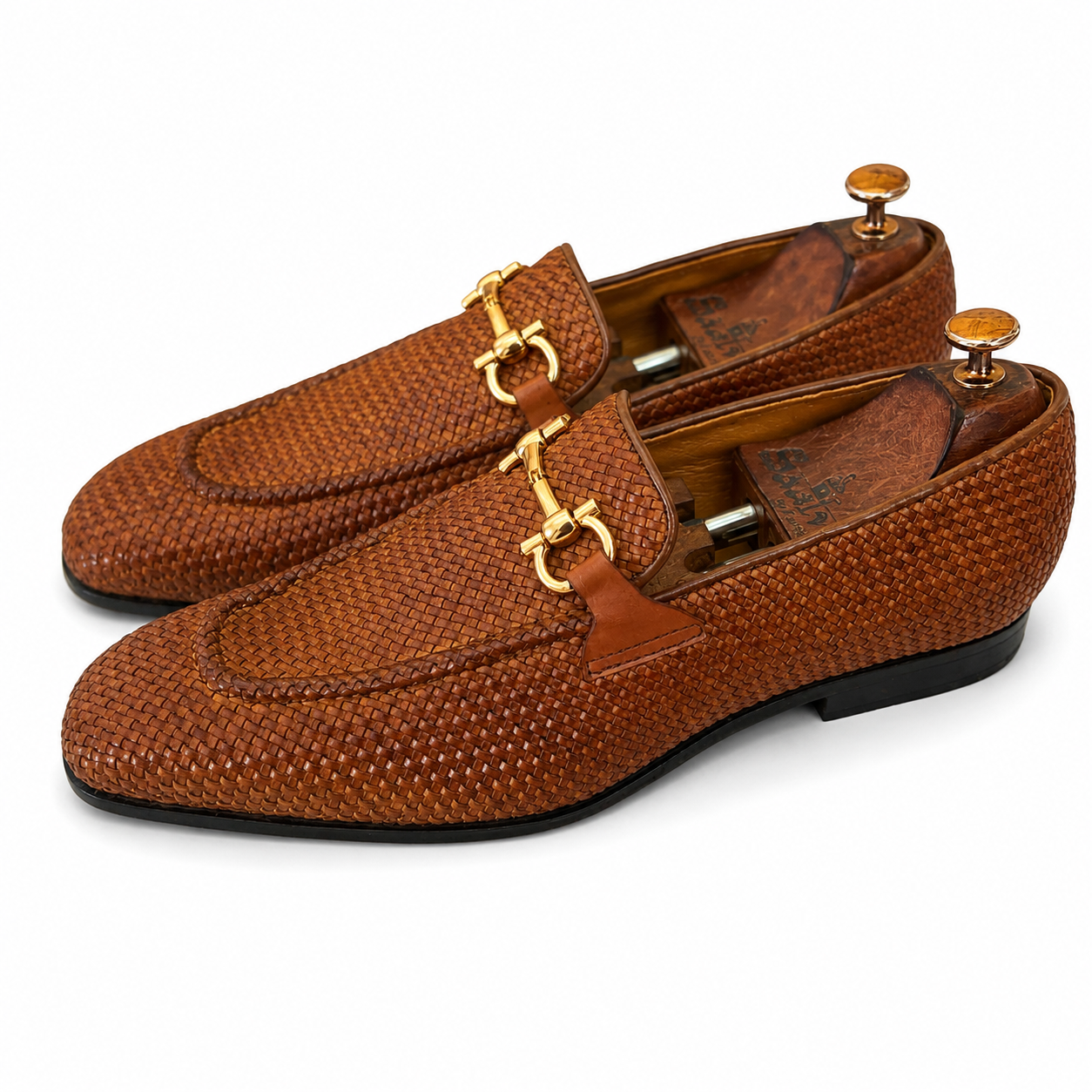 Tan Weave Loafers With Metal Trim