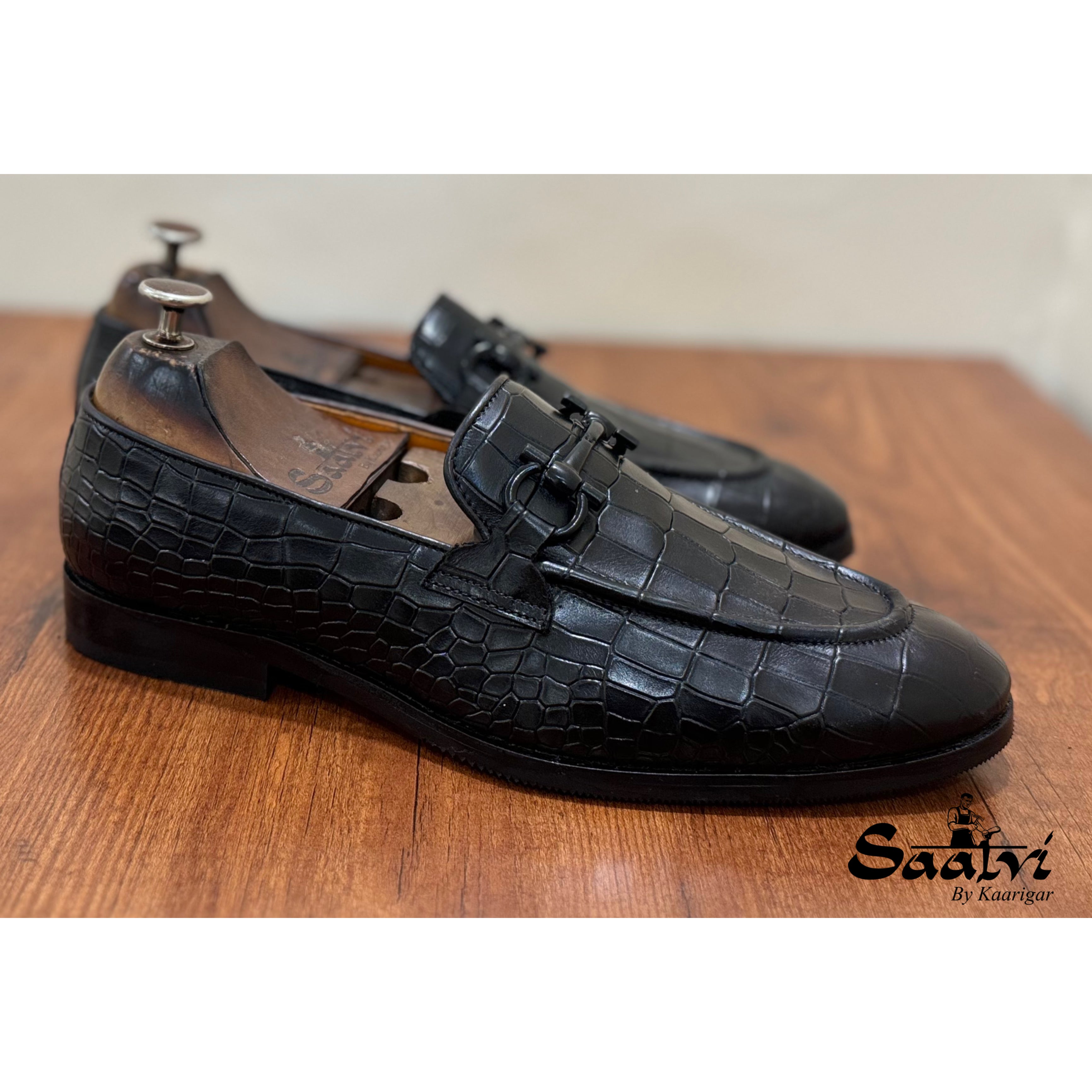 Black Crocodile Loafers With Black Metal Trim