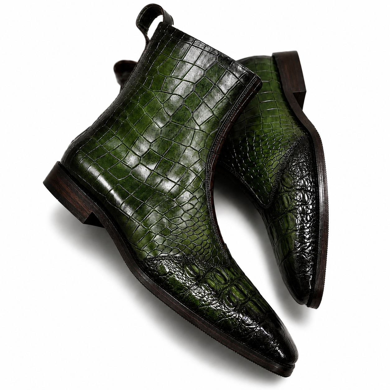 Forest Green Croc-Embossed Leather Chelsea Boots