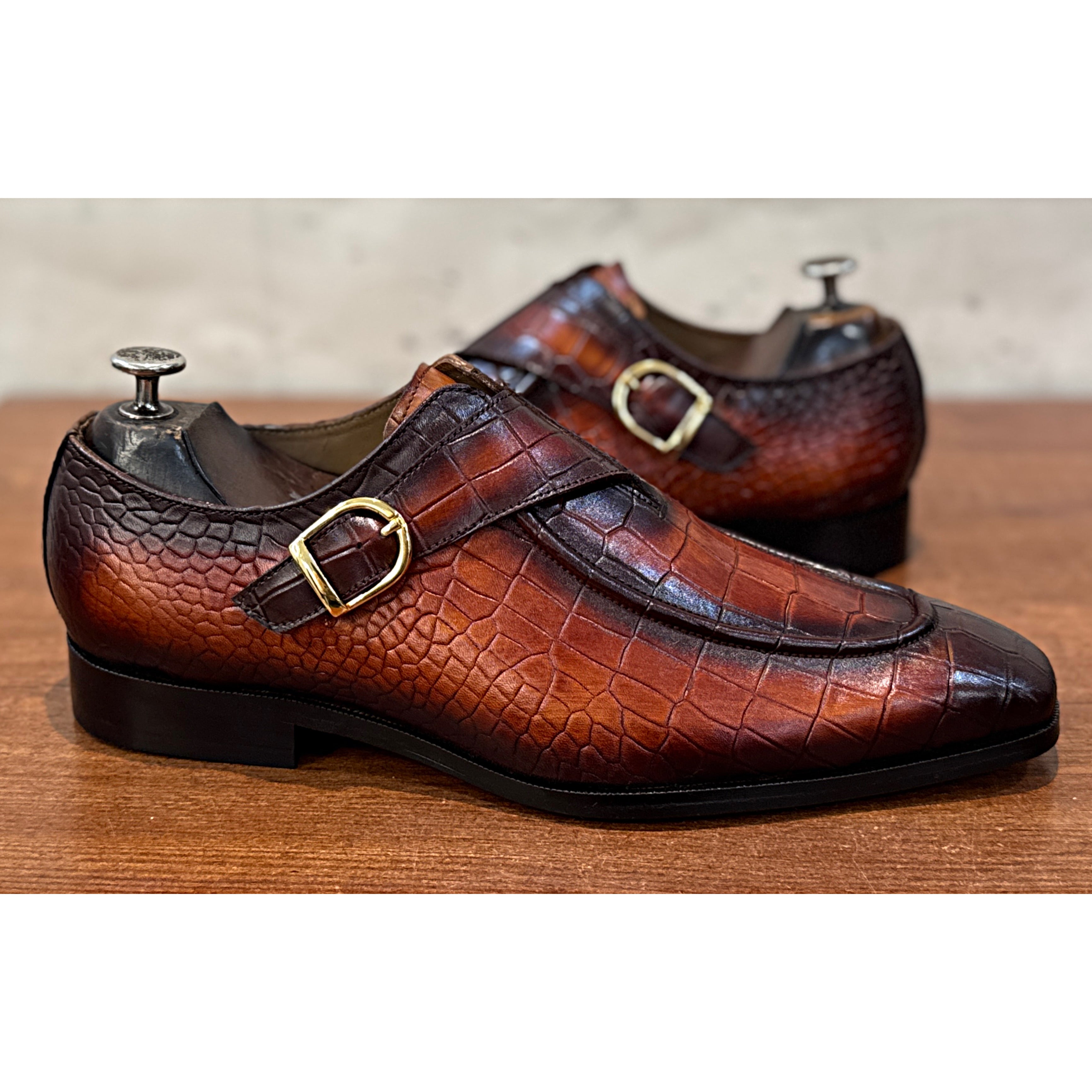 British Croc Patina Single Monk Shoes – Cognac