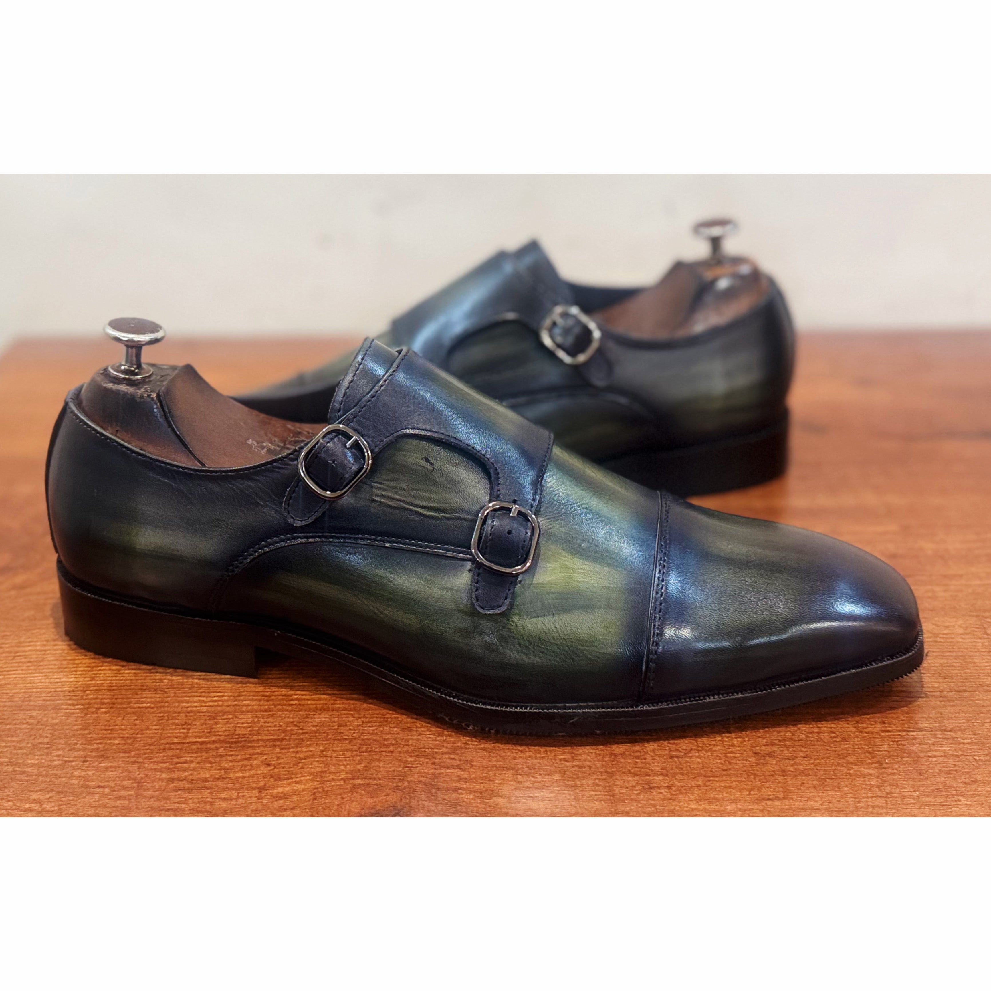 Double Monk Straps Green Hand Patina