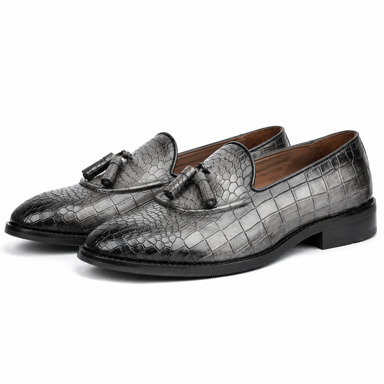 The Obsidian Crest – Black Croc Tassel Loafers