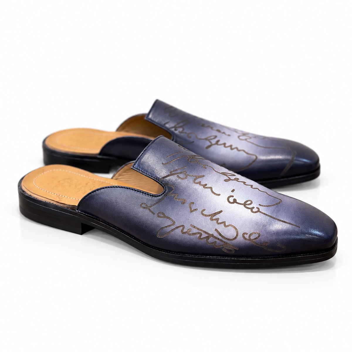 Nocturne Script – Midnight Blue Calligraphy Leather Mules