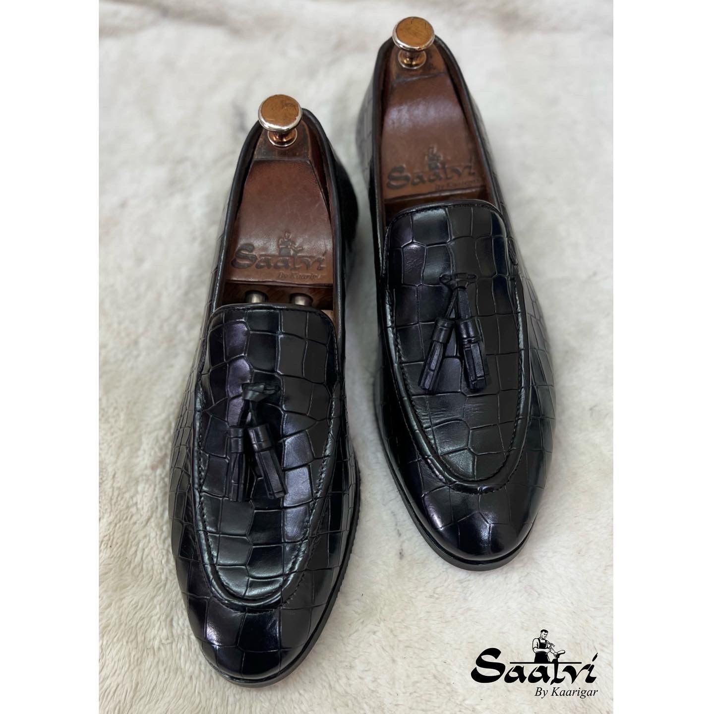 Black Crocodile Loafers With Tassels