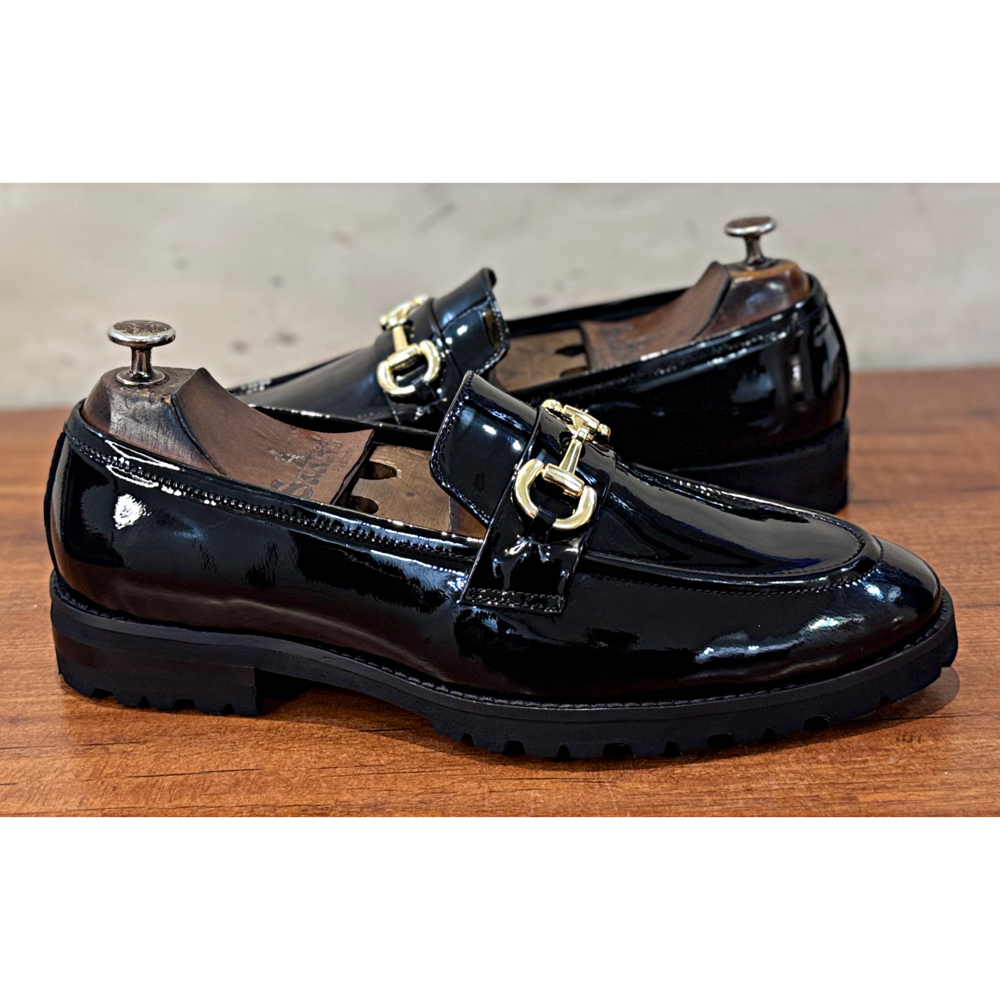 Black Patent Horsebit Loafers Chunky