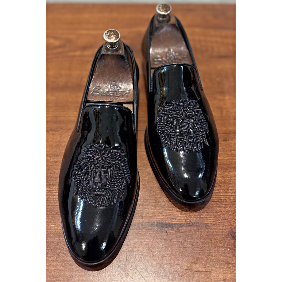Black Patent Lion Black Zardosi Slipons