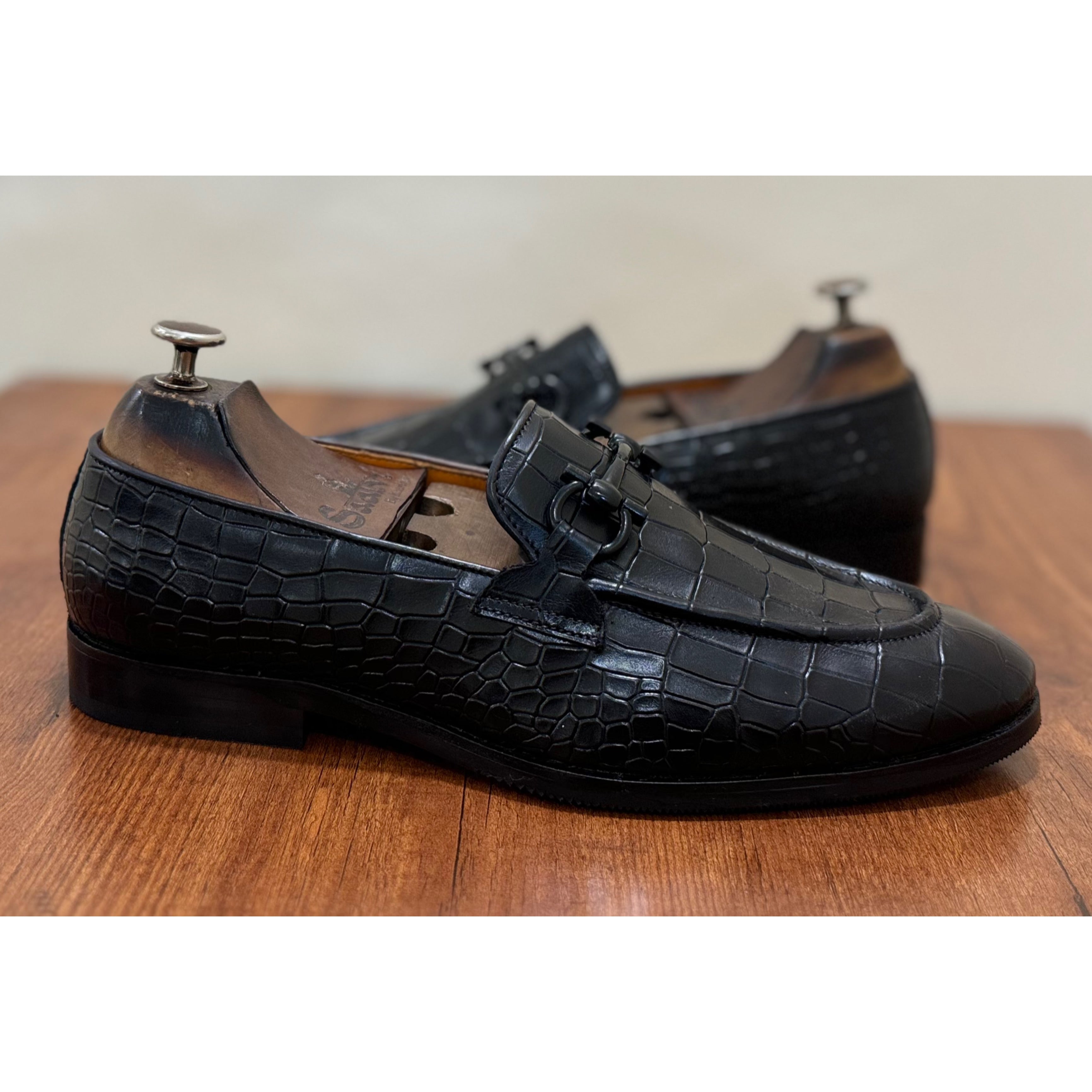 Black Crocodile Loafers With Black Metal Trim