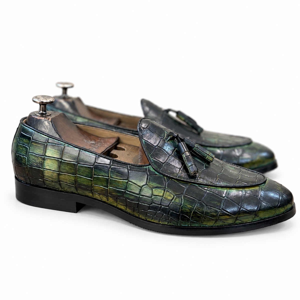 Verdant Noir Croco Tassel Loafers