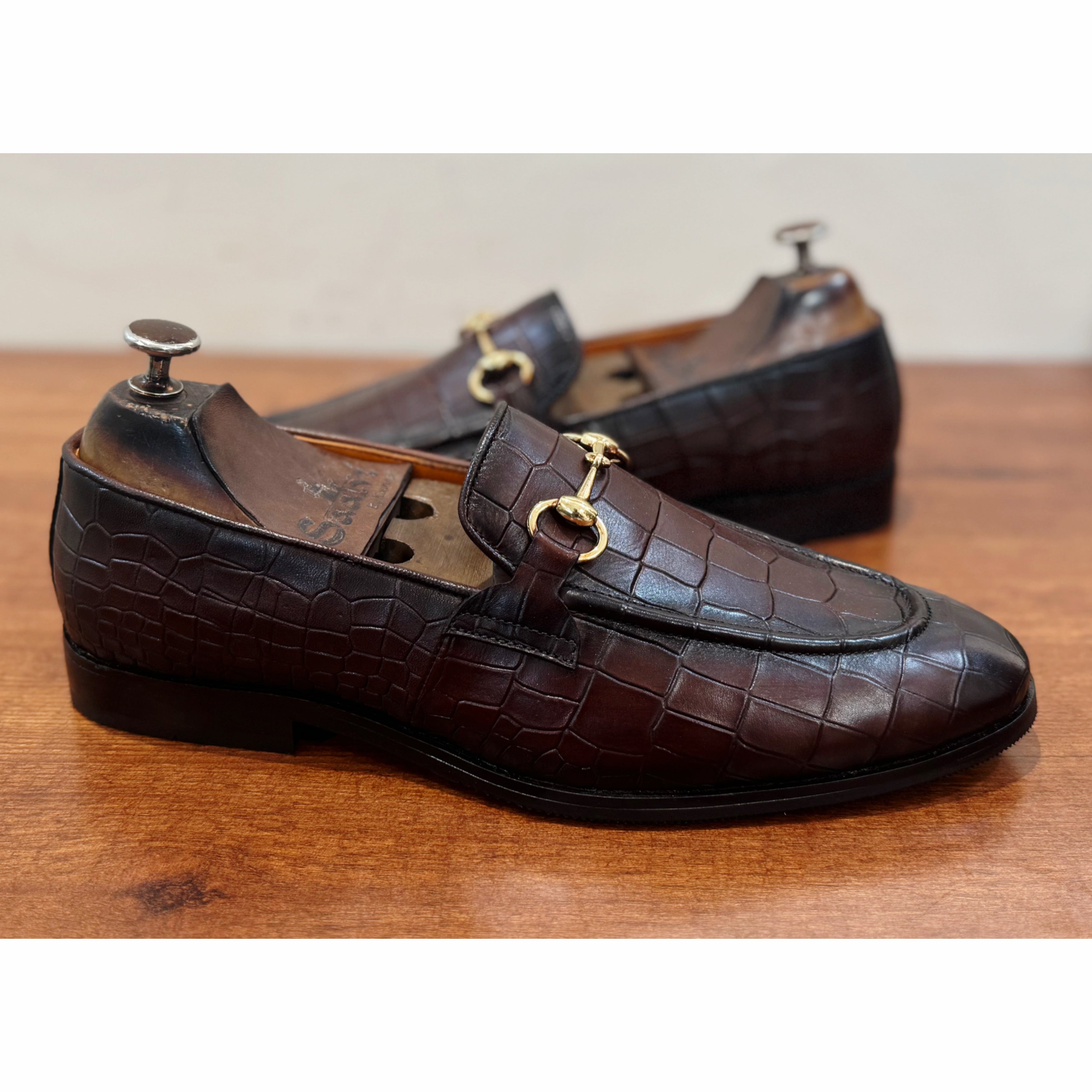 Brown Croco Horsebit Loafers