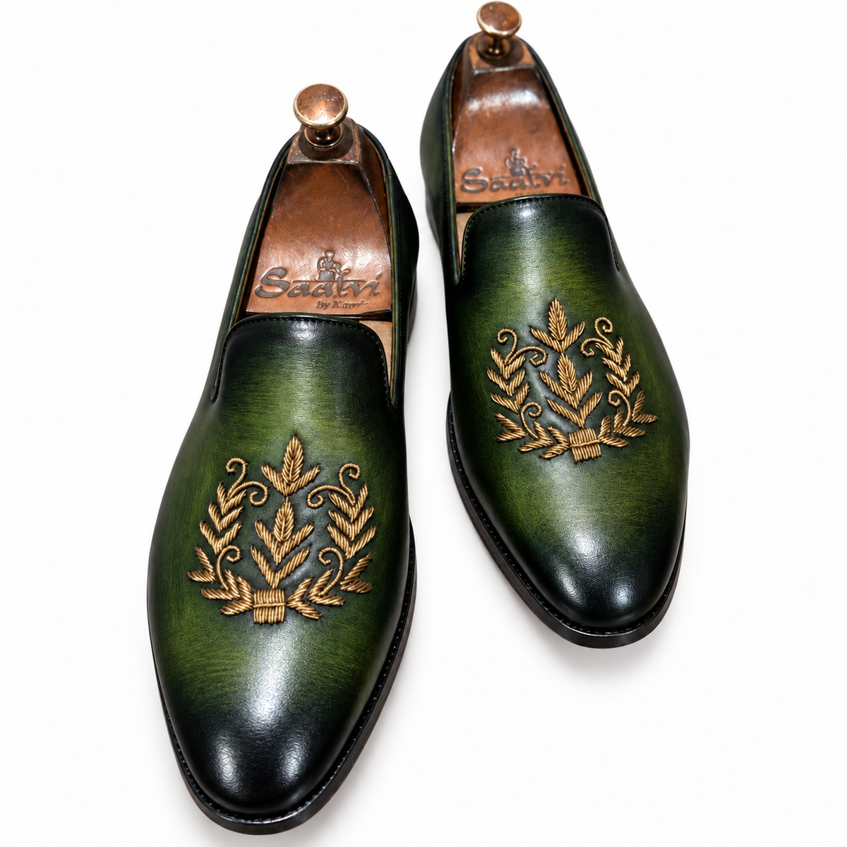 Saalvi Aurelian Forest Green Handcrafted Leather Zardosi Loafers