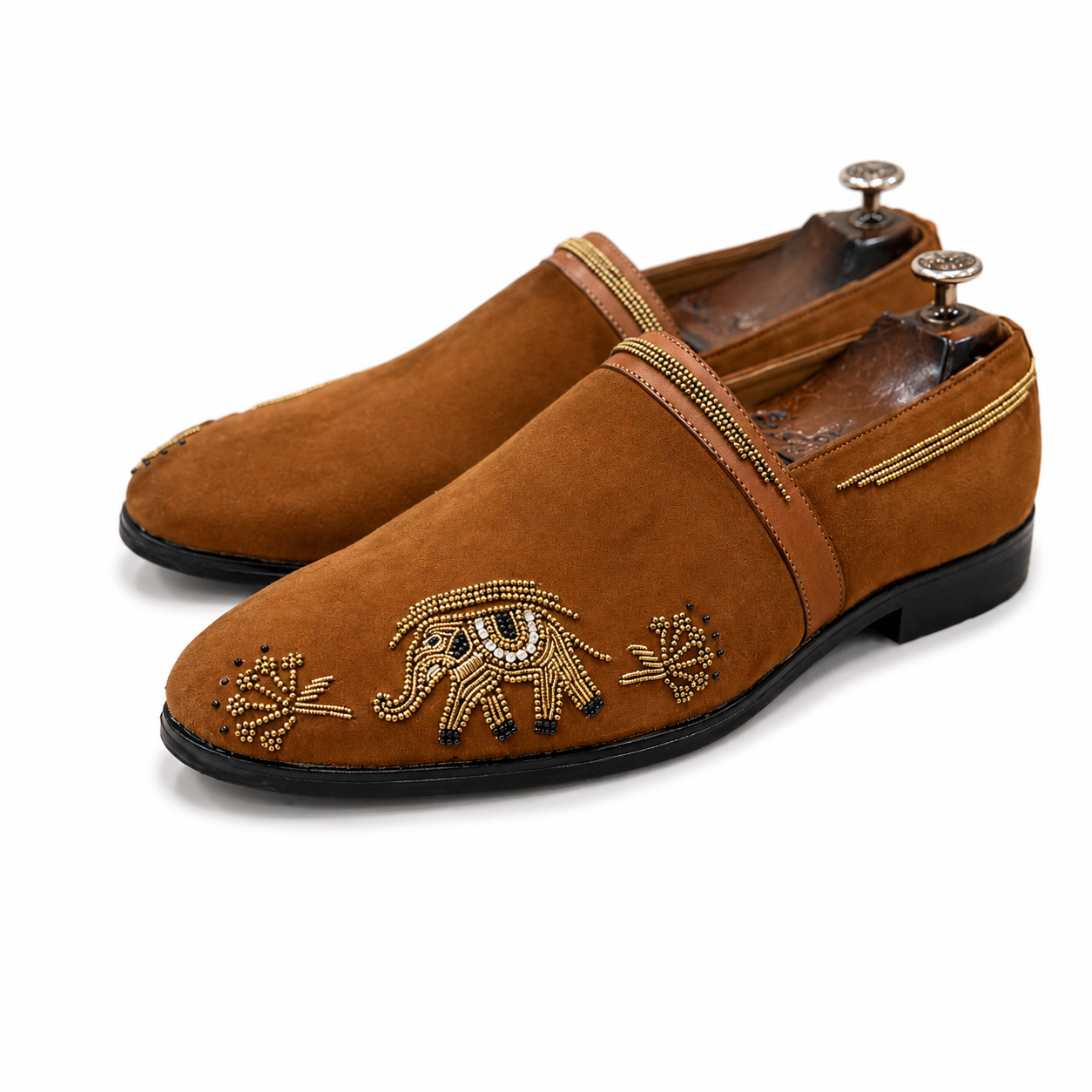 Cognac Elephant Embroidered Beaded Loafers