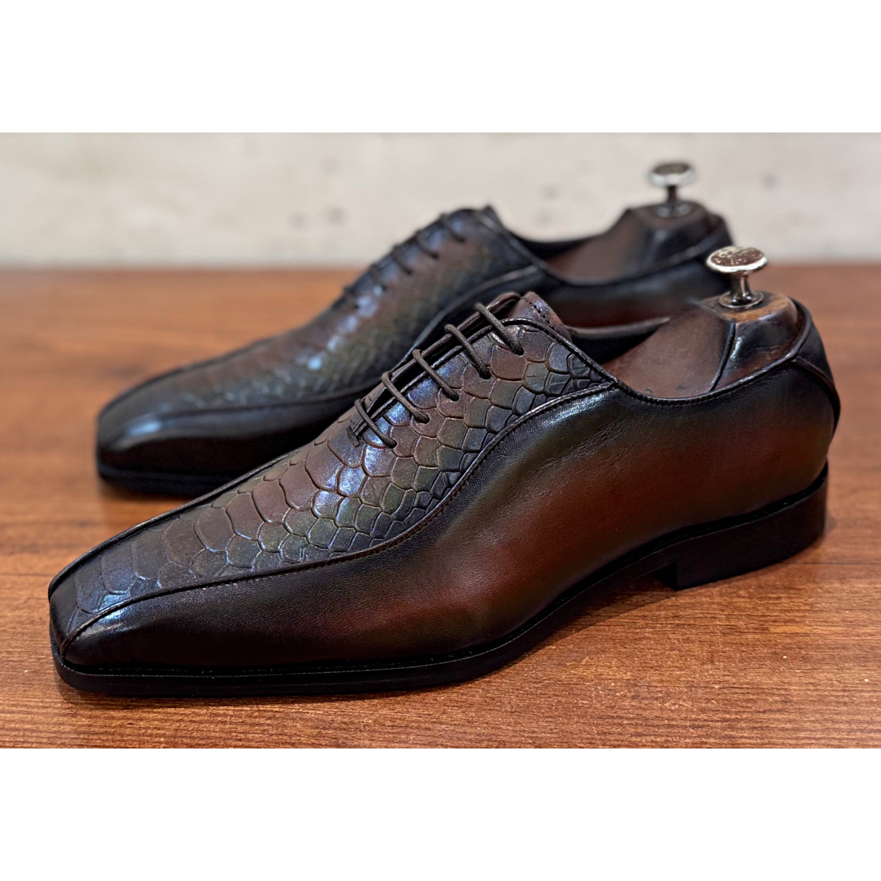 Python Embossed Oxfords Green Hand Patina