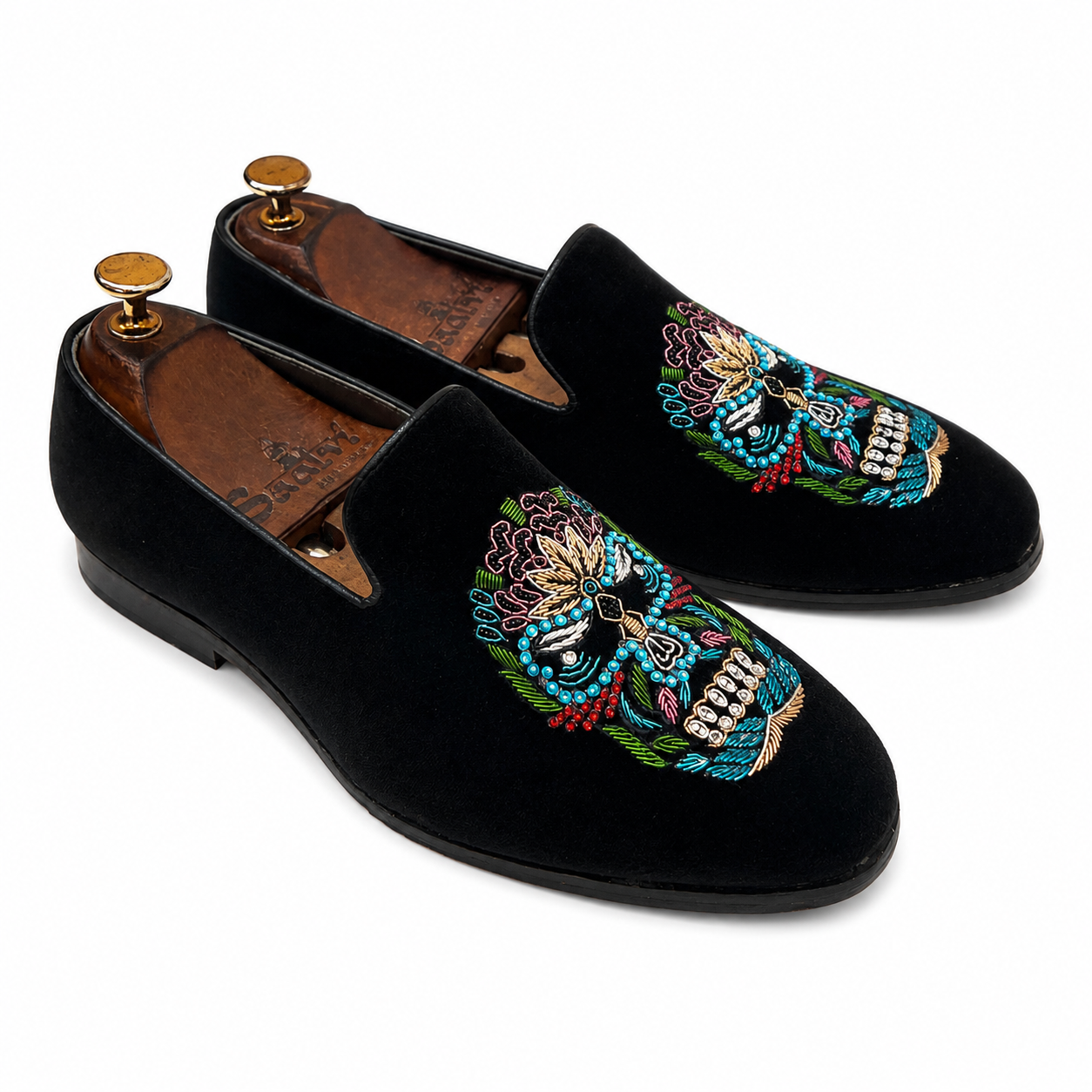 Noir Calavera Zardosi Velvet Slip-Ons