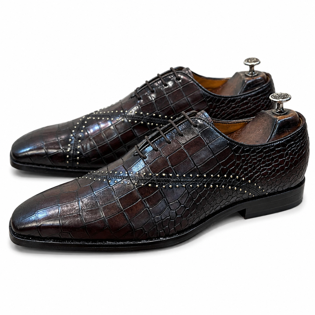 Men’s Luxury Croc-Embossed Leather Oxford Shoes – Handcrafted Dark Brown Formal Dress Shoes