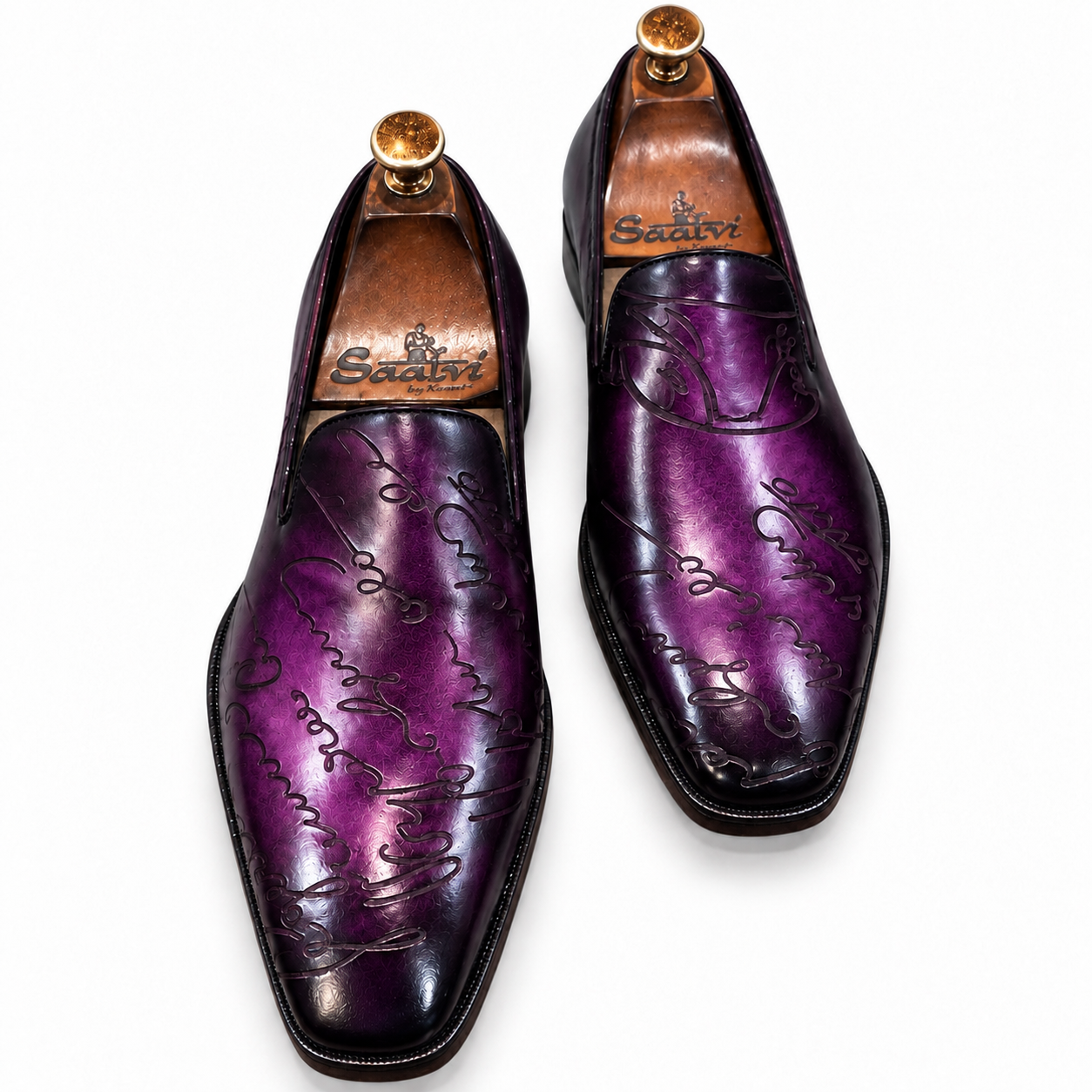 Saalvi Royal Purple Hand-Patina Embossed Leather Loafers for Men